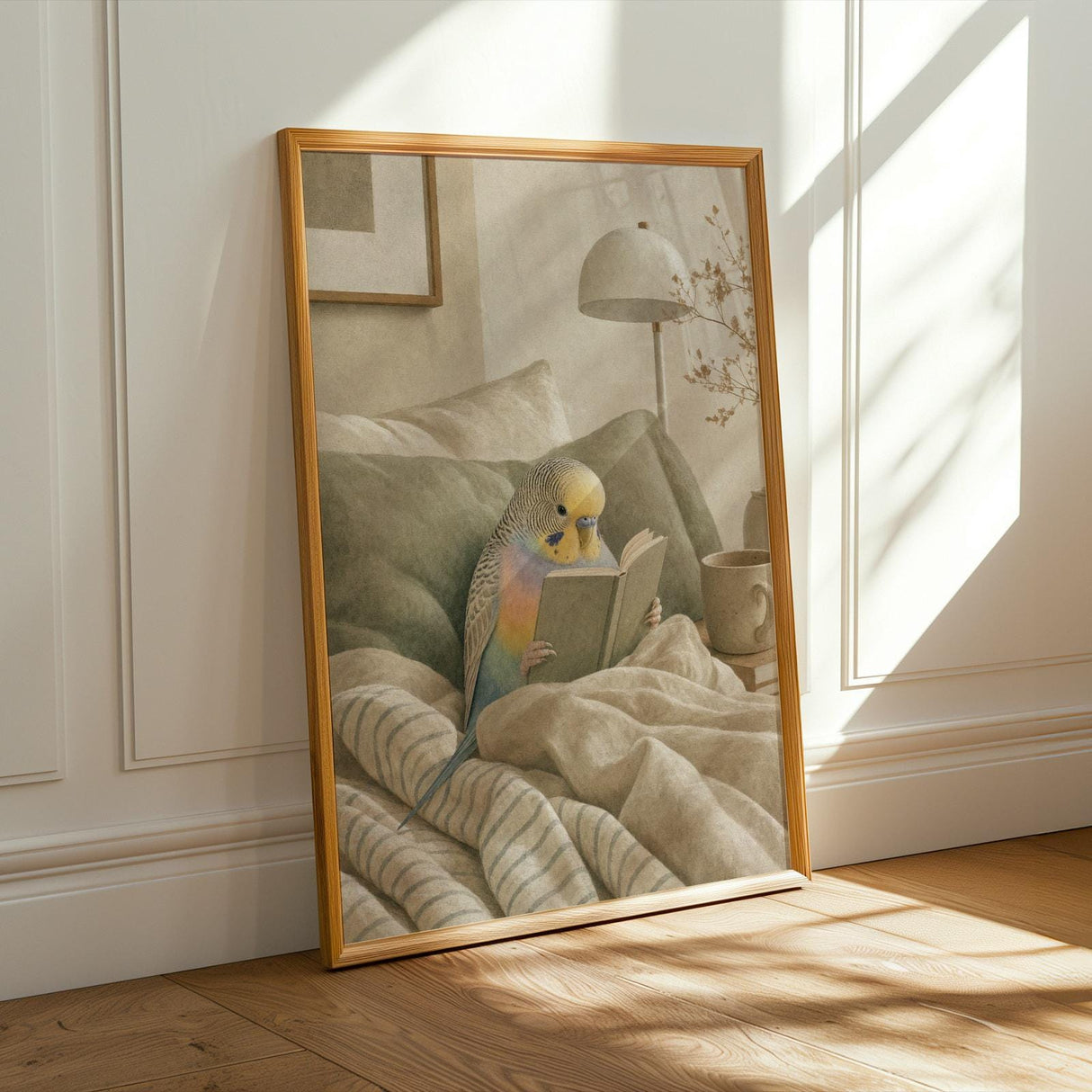 Rainbow Budgerigar Reading in Bed Poster | Modern Gouache Bird Wall Art | Warm Beige Dusty Sage Decor | Cozy Minimalist Bedroom Print