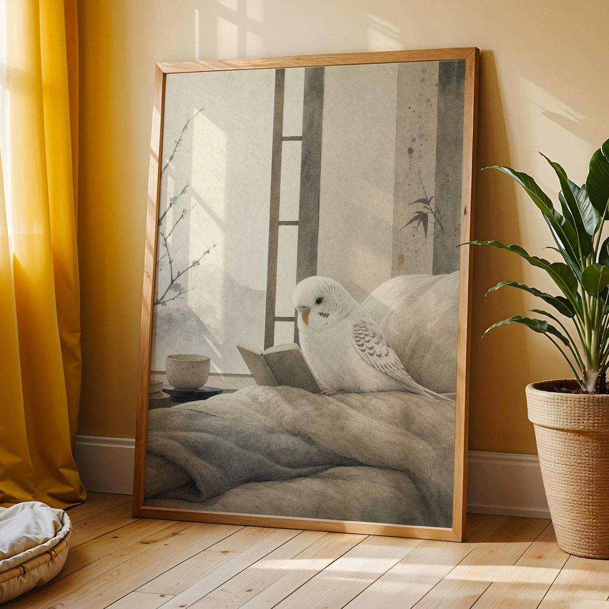 White Budgerigar Reading in Bed Poster | Japanese Zen Sumi-e Bird Wall Art | Warm Ivory Fog Gray Decor | Minimalist Bedroom Print