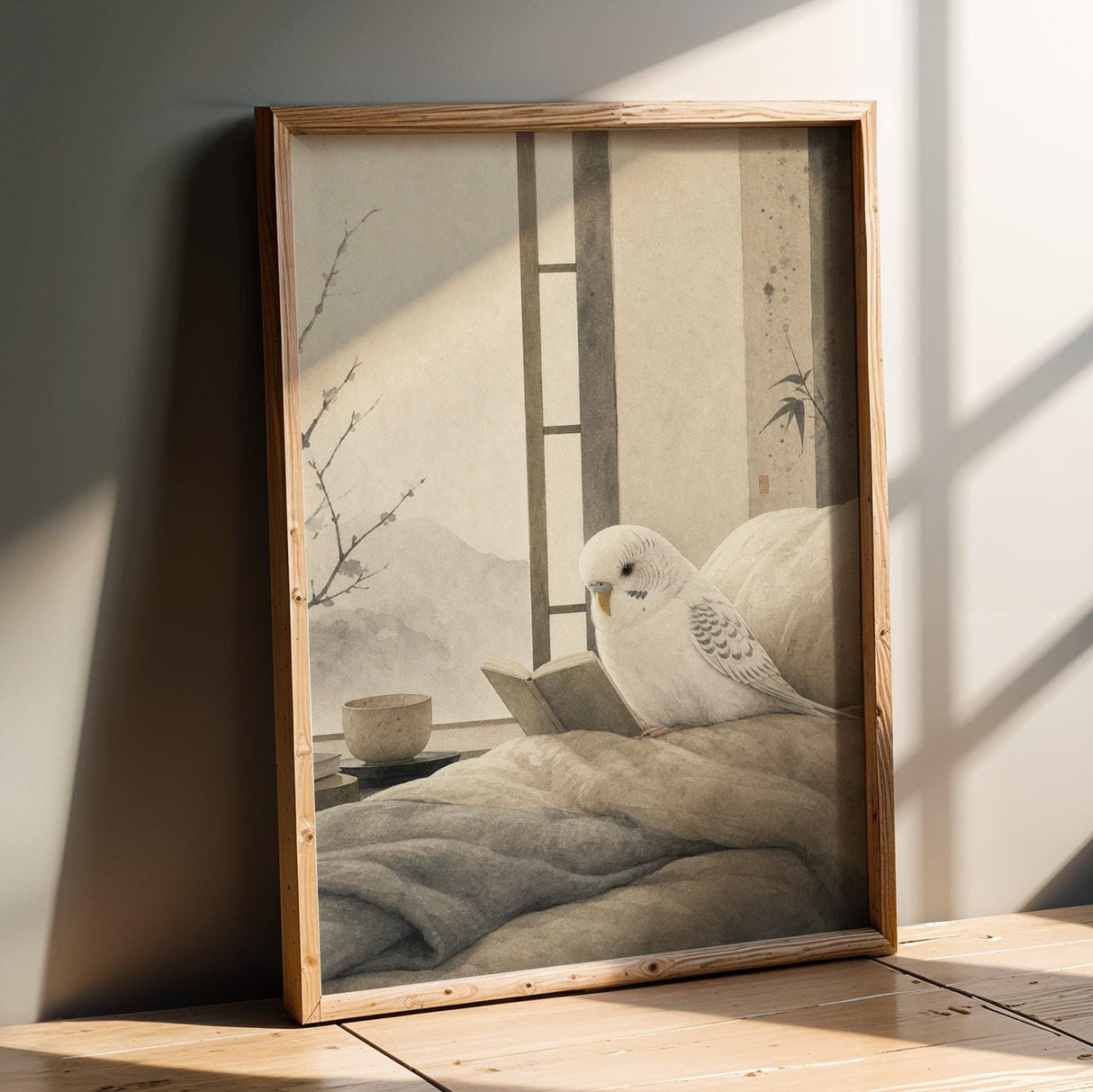 White Budgerigar Reading in Bed Poster | Japanese Zen Sumi-e Bird Wall Art | Warm Ivory Fog Gray Decor | Minimalist Bedroom Print