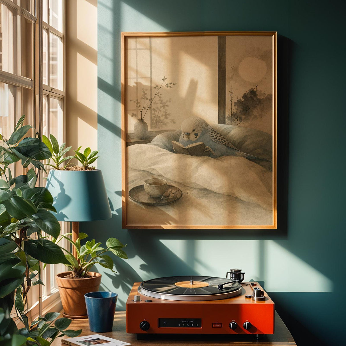 Sky Blue Budgerigar Reading in Bed Poster | Japanese Zen Ink Wash Bird Wall Art | Teal Warm Ivory Decor | Minimalist Bedroom Print