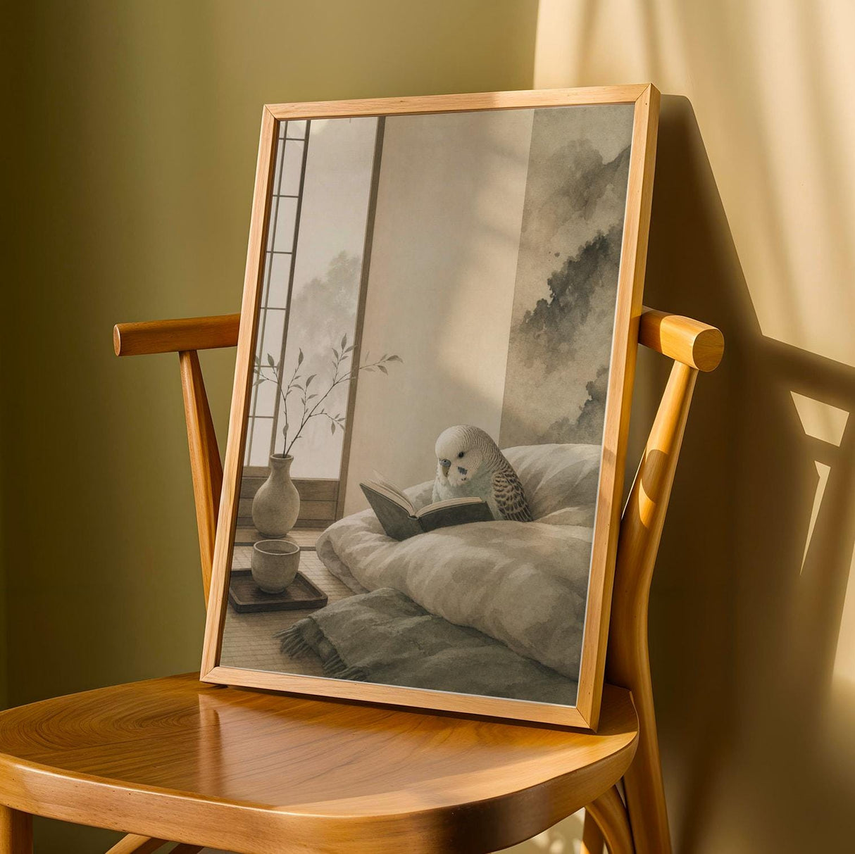 English Budgerigar Reading in Bed Poster | Japanese Zen Ink Wash Bird Wall Art | Warm Ivory Fog Gray Decor | Minimalist Bedroom Print