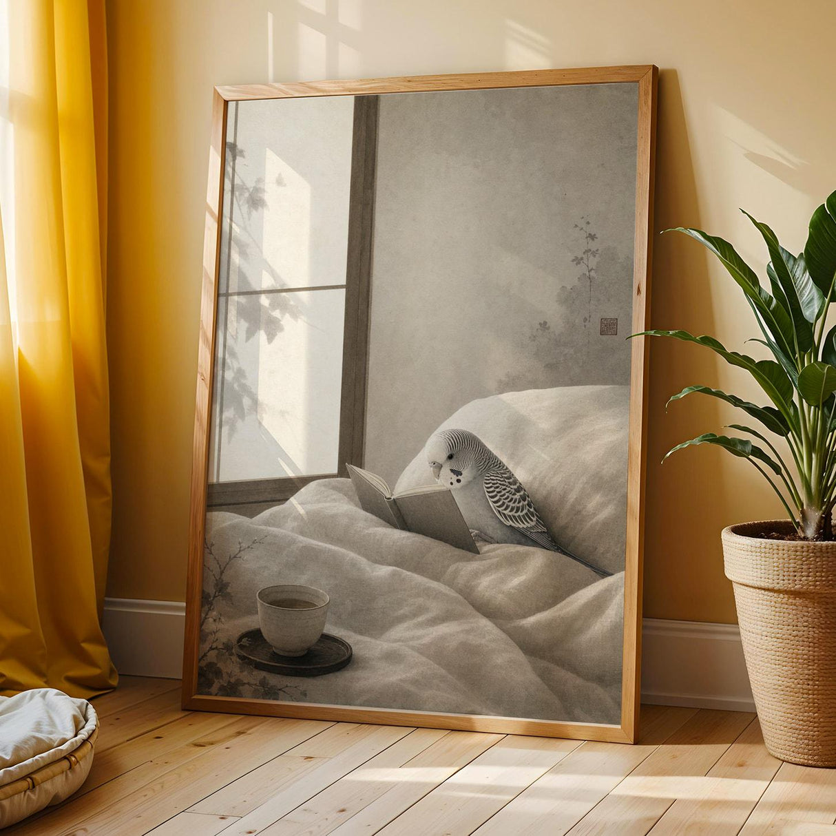 Silver Budgerigar Reading in Bed Poster | Japanese Zen Sumi-e Bird Wall Art | Warm Ivory Fog Gray Decor | Minimalist Bedroom Print