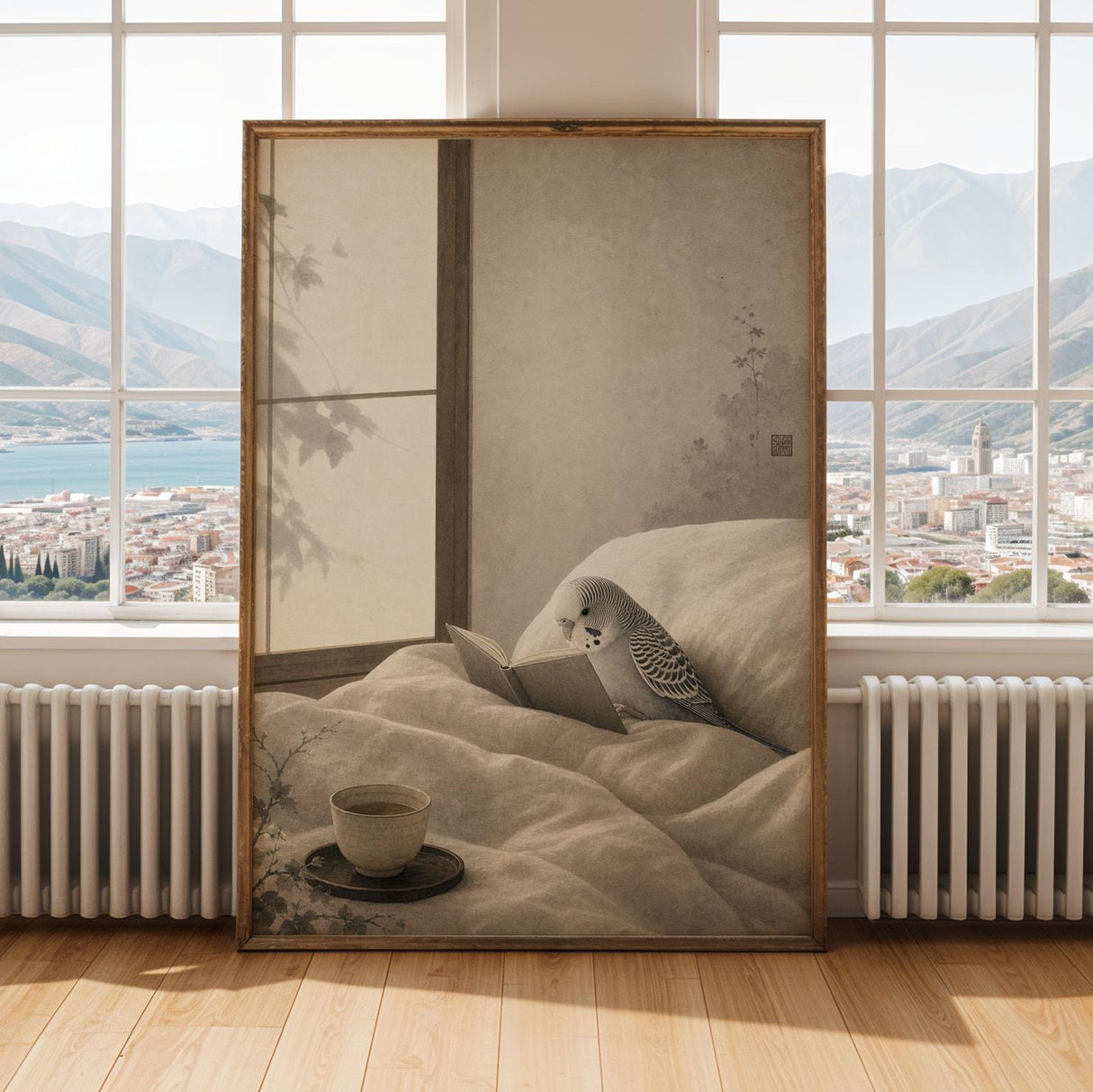 Silver Budgerigar Reading in Bed Poster | Japanese Zen Sumi-e Bird Wall Art | Warm Ivory Fog Gray Decor | Minimalist Bedroom Print