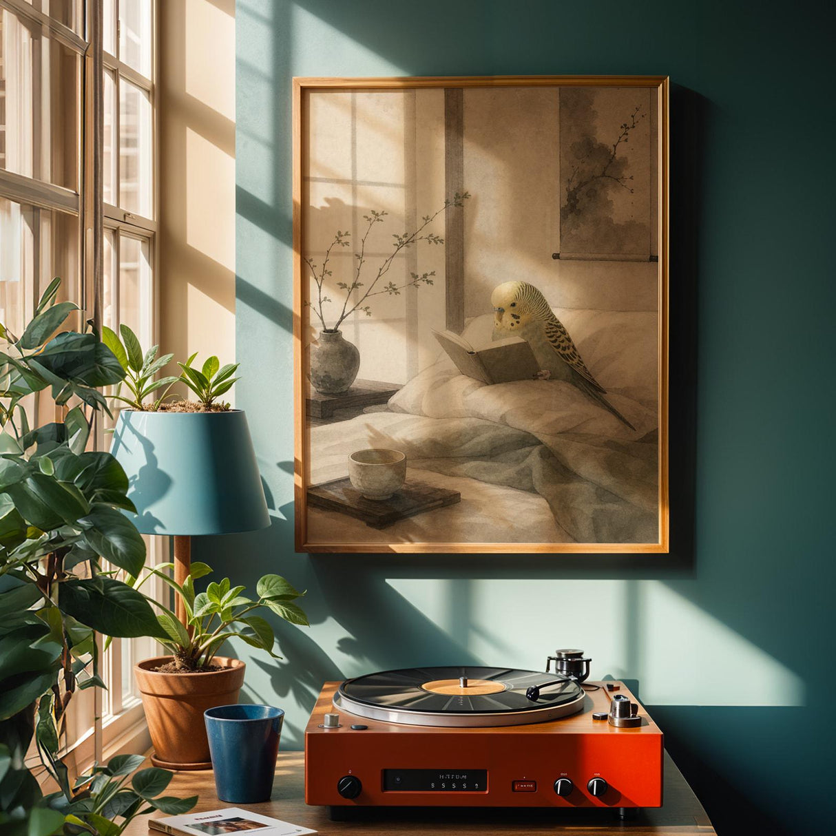 Yellowface Budgerigar Reading in Bed Poster | Japanese Zen Sumi-e Bird Wall Art | Warm Ivory Fog Gray Decor | Minimalist Bedroom Print
