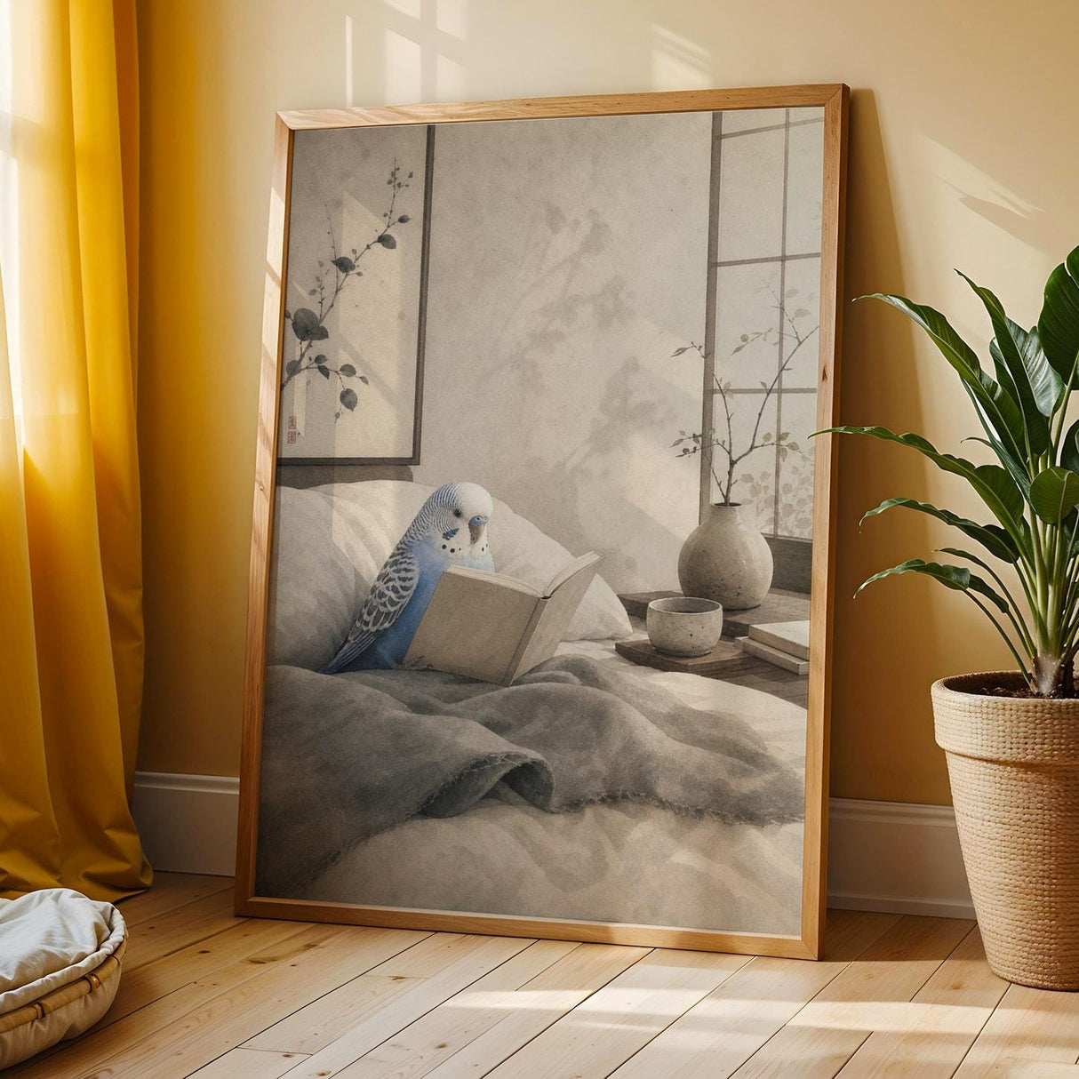 Pastel Blue Budgerigar Reading in Bed Poster | Japanese Zen Sumi-e Bird Wall Art | Periwinkle Blue Warm Ivory Decor | Bedroom Print