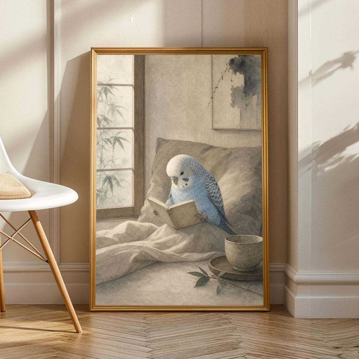 Light Blue Budgerigar Reading in Bed Poster | Japanese Zen Watercolor Bird Wall Art | Fog Gray Ivory Decor | Minimalist Bedroom Print