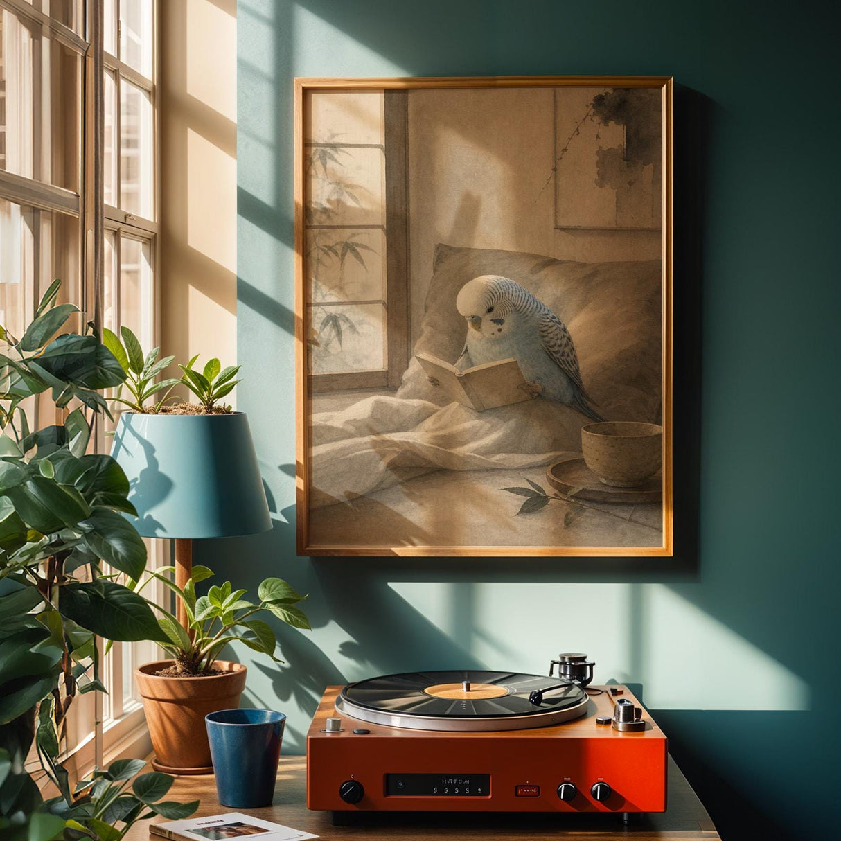 Light Blue Budgerigar Reading in Bed Poster | Japanese Zen Watercolor Bird Wall Art | Fog Gray Ivory Decor | Minimalist Bedroom Print
