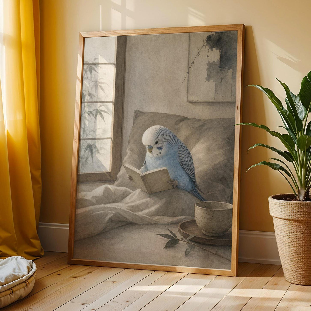 Light Blue Budgerigar Reading in Bed Poster | Japanese Zen Watercolor Bird Wall Art | Fog Gray Ivory Decor | Minimalist Bedroom Print