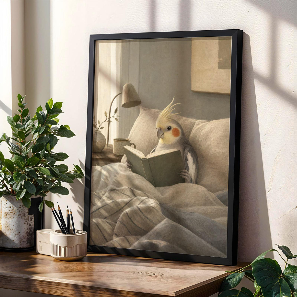 Cockatiel Reading in Bed Poster | Scandinavian Gouache Bird Wall Art | Warm Beige Blue Gray Decor | Cozy Minimalist Bedroom Print