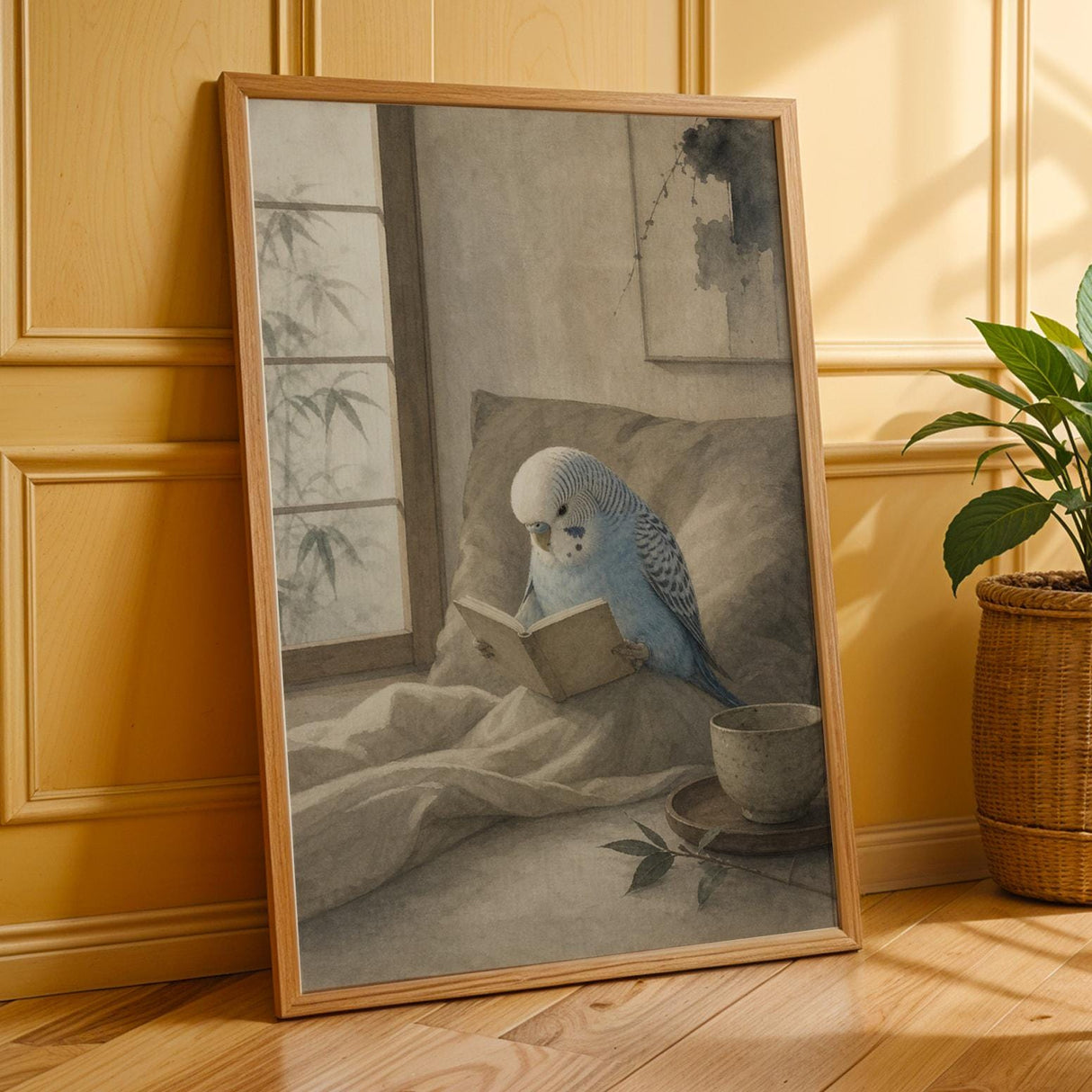 Light Blue Budgerigar Reading in Bed Poster | Japanese Zen Watercolor Bird Wall Art | Fog Gray Ivory Decor | Minimalist Bedroom Print