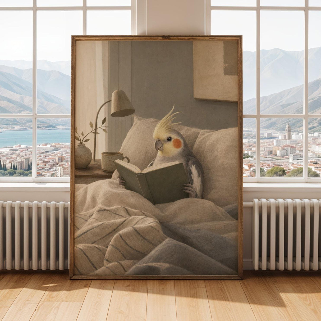 Cockatiel Reading in Bed Poster | Scandinavian Gouache Bird Wall Art | Warm Beige Blue Gray Decor | Cozy Minimalist Bedroom Print