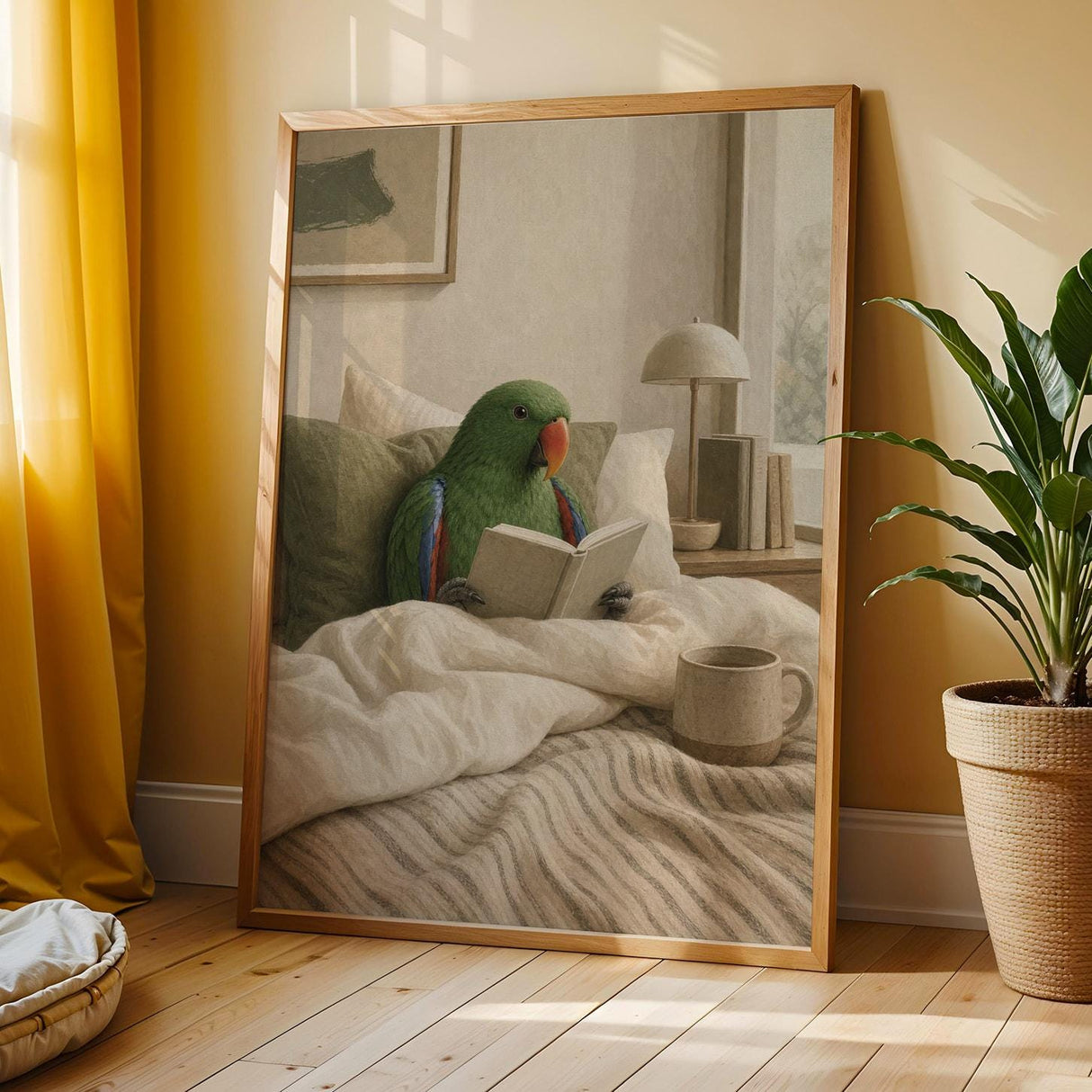 Silver Budgerigar Reading in Bed Poster | Japanese Zen Sumi-e Bird Wall Art | Warm Ivory Fog Gray Decor | Minimalist Bedroom Print