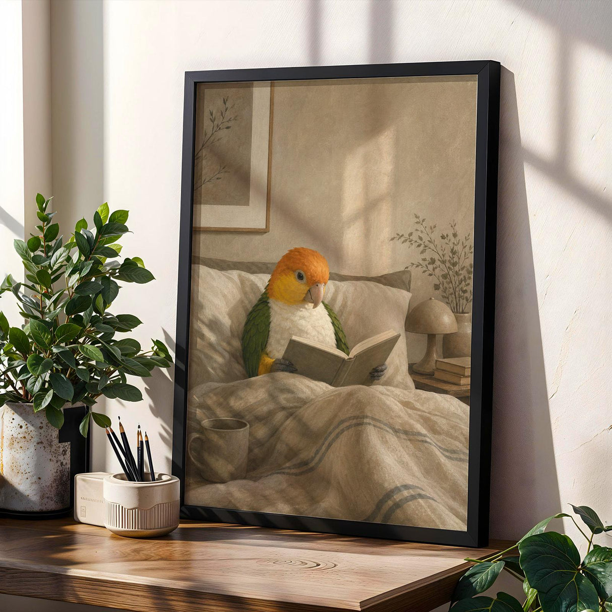 White Bellied Caique Reading in Bed Poster | Modern Gouache Bird Wall Art | Warm Beige Oat Milk Decor | Cozy Minimalist Bedroom Print