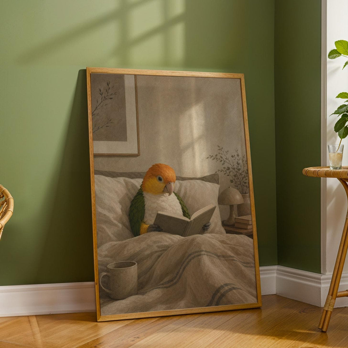 White Bellied Caique Reading in Bed Poster | Modern Gouache Bird Wall Art | Warm Beige Oat Milk Decor | Cozy Minimalist Bedroom Print