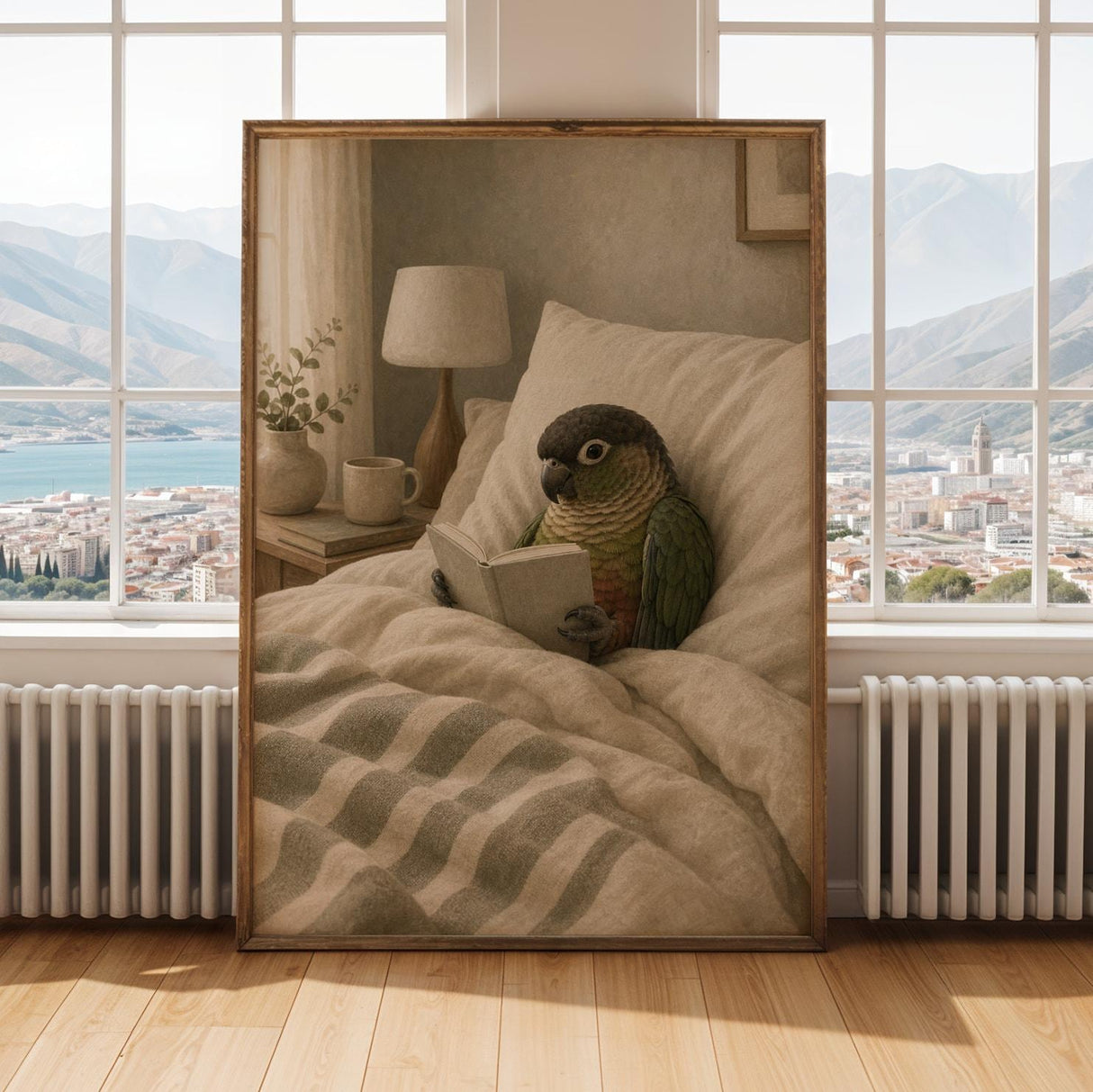 Dusky Conure Reading in Bed Poster | Scandinavian Gouache Bird Wall Art | Warm Beige Oat Milk Decor | Cozy Minimalist Bedroom Print