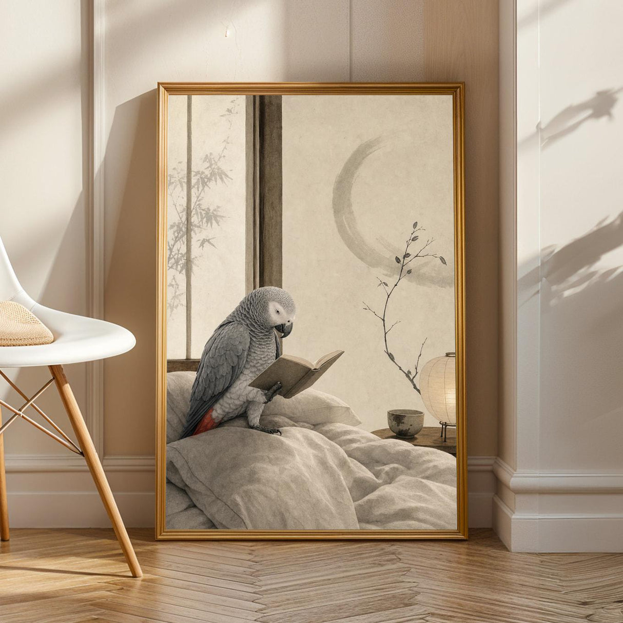 African Grey Parrot Reading in Bed Poster | Japanese Zen Ink Wash Bird Wall Art | Warm Ivory Fog Gray Decor | Minimalist Bedroom Print
