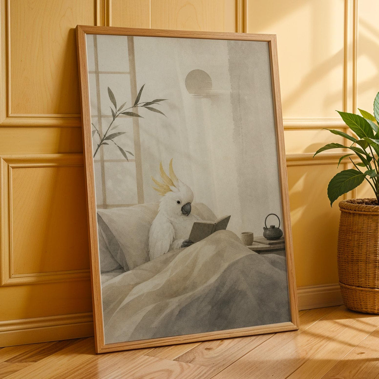 White Cockatoo Reading in Bed Poster | Japanese Zen Ink Wash Bird Wall Art | Warm Ivory Fog Gray Decor | Cozy Minimalist Reading Nook Print