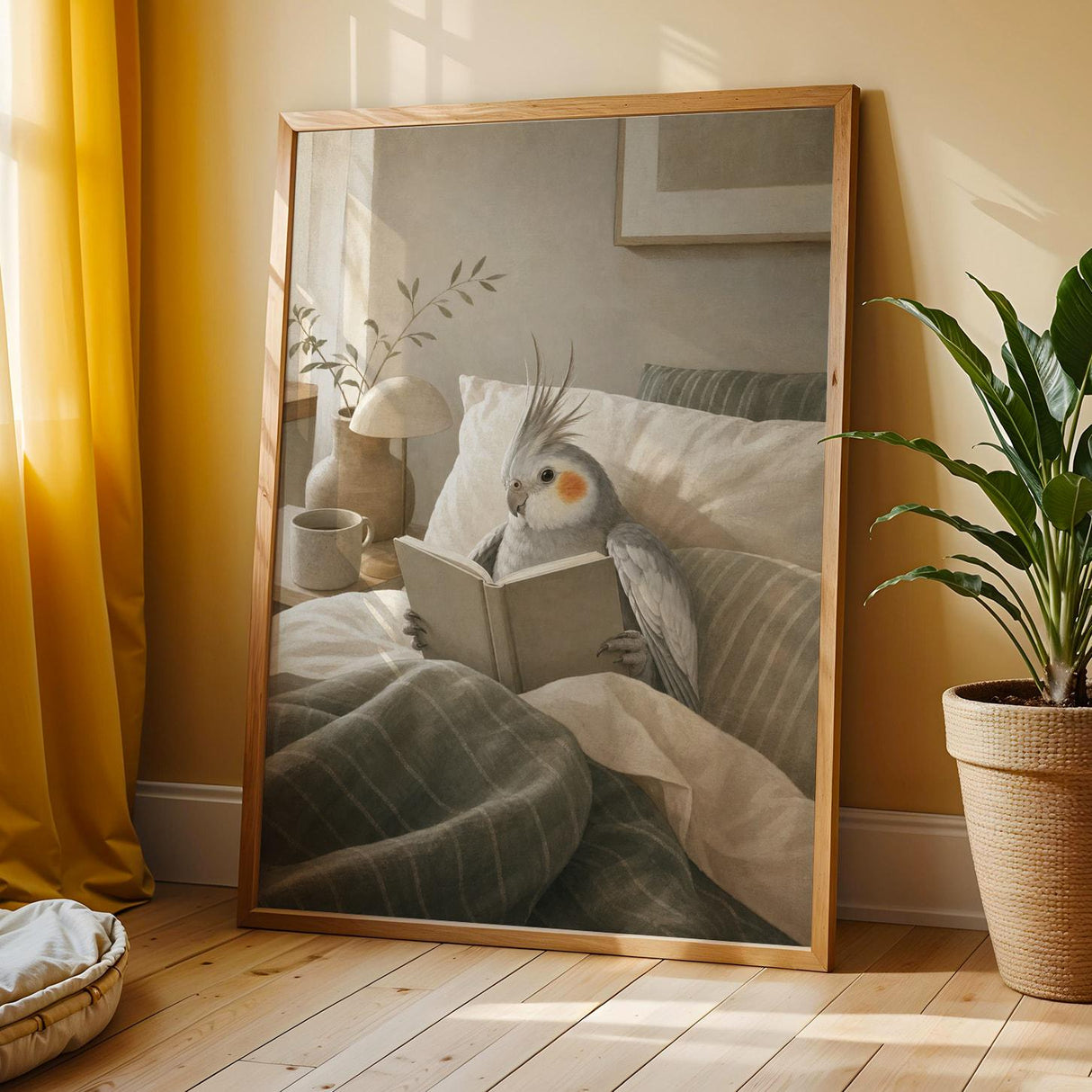 Silver Cockatiel Reading in Bed Poster | Scandinavian Gouache Bird Wall Art | Warm Beige Oat Milk Decor | Cozy Minimalist Bedroom Print