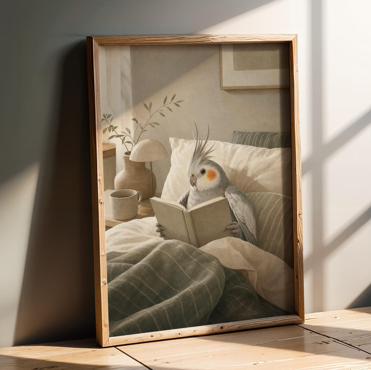Silver Cockatiel Reading in Bed Poster | Scandinavian Gouache Bird Wall Art | Warm Beige Oat Milk Decor | Cozy Minimalist Bedroom Print
