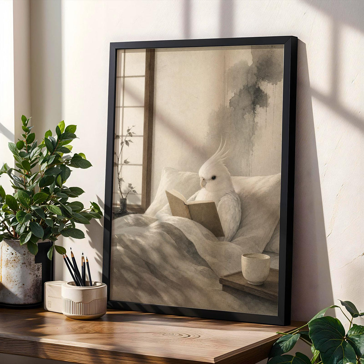 Cockatiel Reading in Bed Poster | Japanese Zen Sumi-e Bird Wall Art | Warm Ivory Fog Gray Decor | Minimalist Reading Nook Print