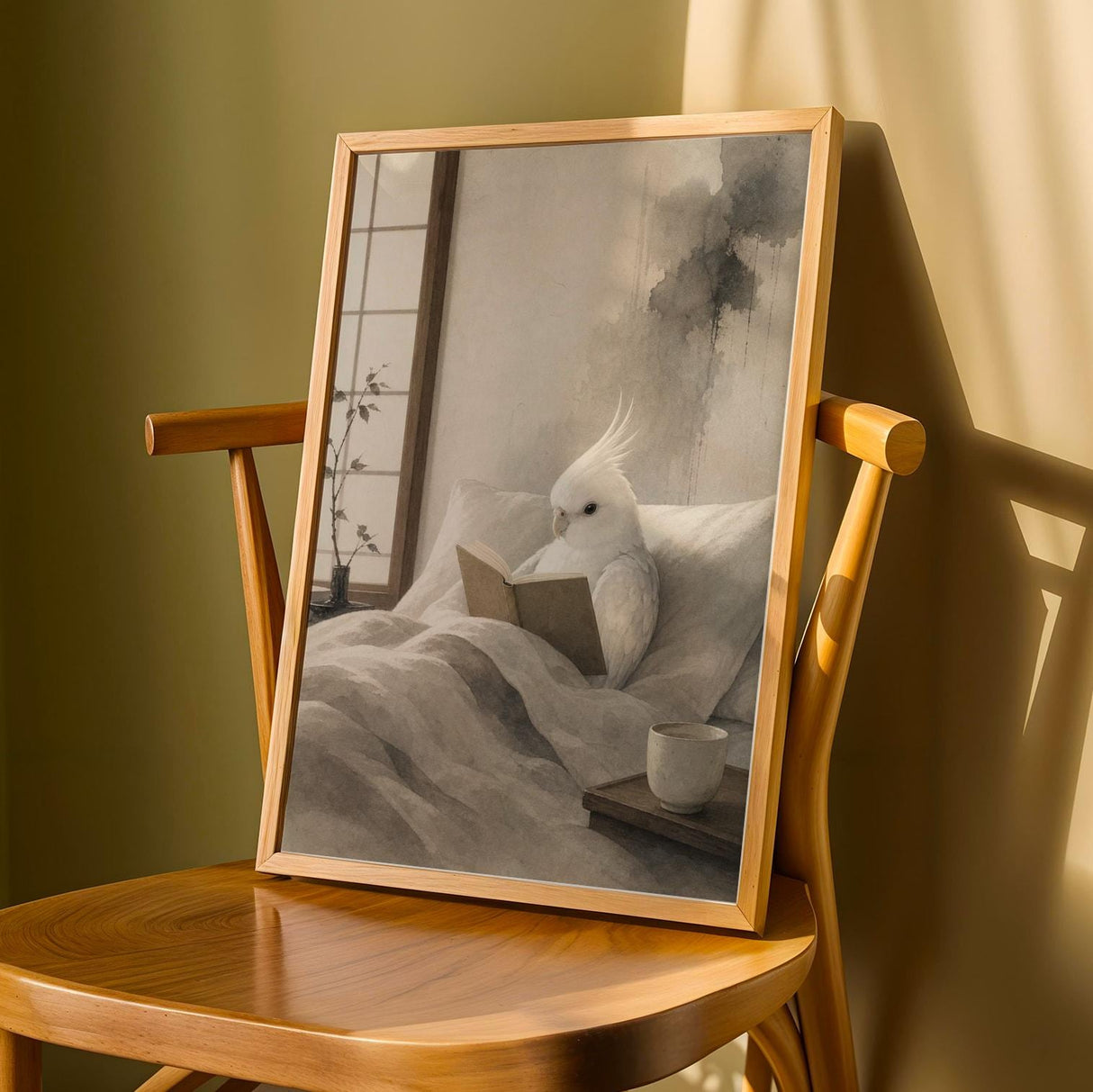 Cockatiel Reading in Bed Poster | Japanese Zen Sumi-e Bird Wall Art | Warm Ivory Fog Gray Decor | Minimalist Reading Nook Print