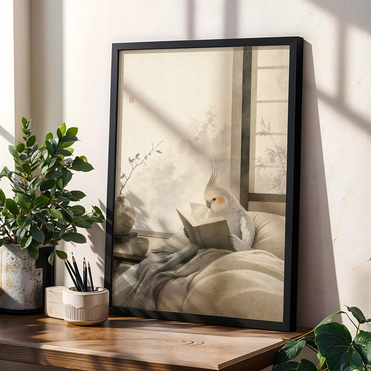 Light Silver Cockatiel Reading in Bed Poster | Japanese Zen Sumi-e Bird Wall Art | Warm Ivory Fog Gray Decor | Minimalist Bedroom Print