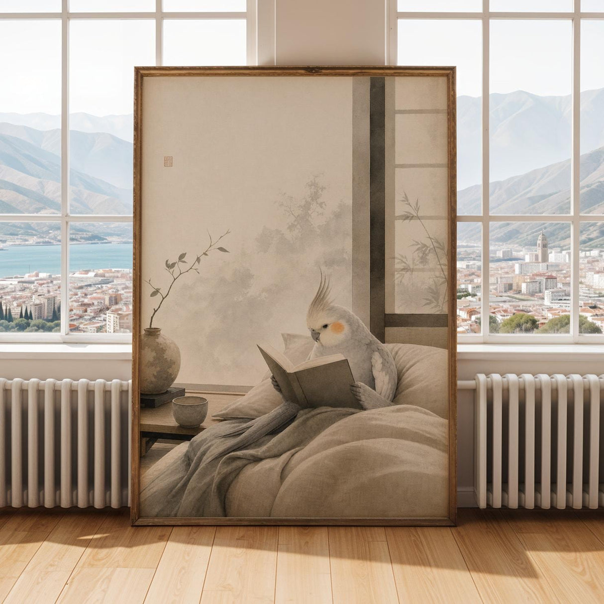 Light Silver Cockatiel Reading in Bed Poster | Japanese Zen Sumi-e Bird Wall Art | Warm Ivory Fog Gray Decor | Minimalist Bedroom Print
