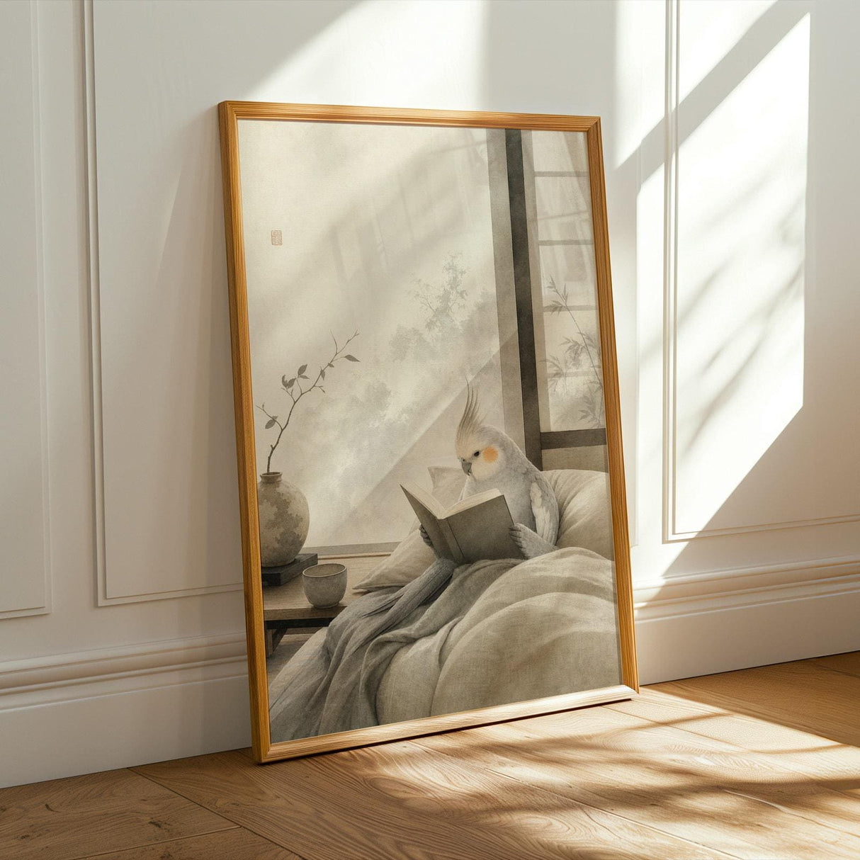 Light Silver Cockatiel Reading in Bed Poster | Japanese Zen Sumi-e Bird Wall Art | Warm Ivory Fog Gray Decor | Minimalist Bedroom Print