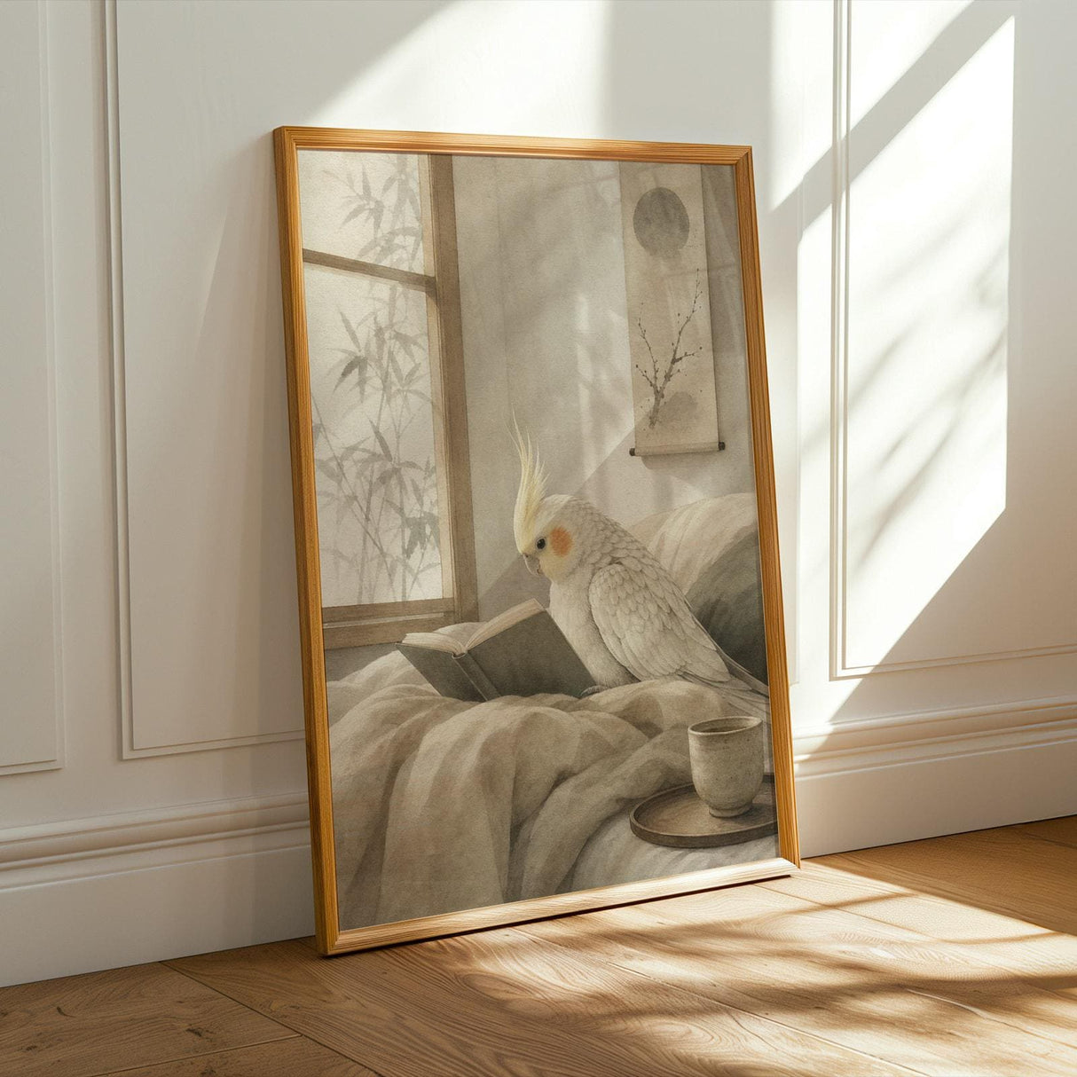 Pearl Cockatiel Reading in Bed Poster | Japanese Zen Ink Wash Bird Wall Art | Warm Ivory Sand Taupe Decor | Minimalist Bedroom Print