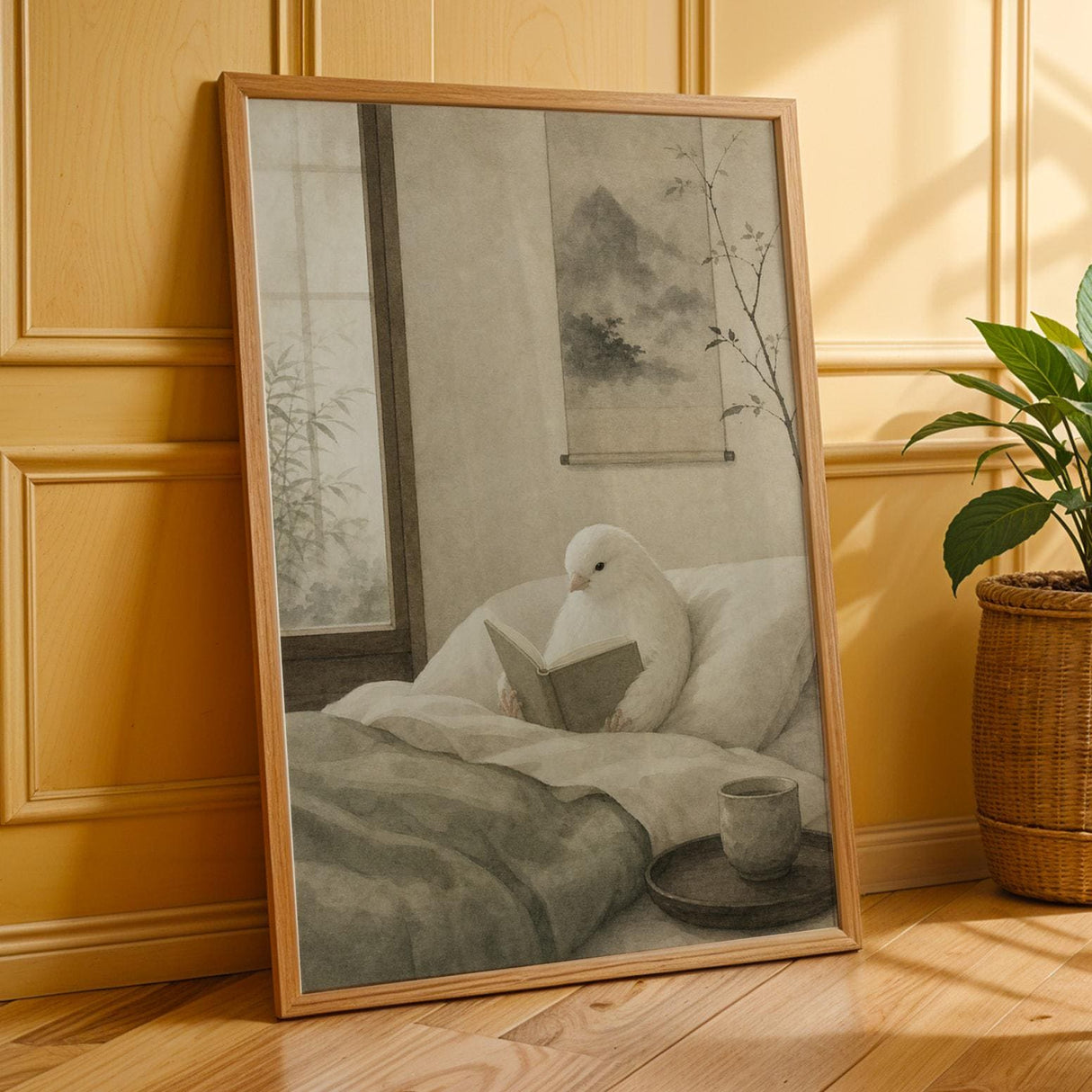 White Gloster Canary Reading in Bed Poster | Japanese Zen Sumi-e Bird Wall Art | Warm Ivory Fog Gray Decor | Minimalist Bedroom Print