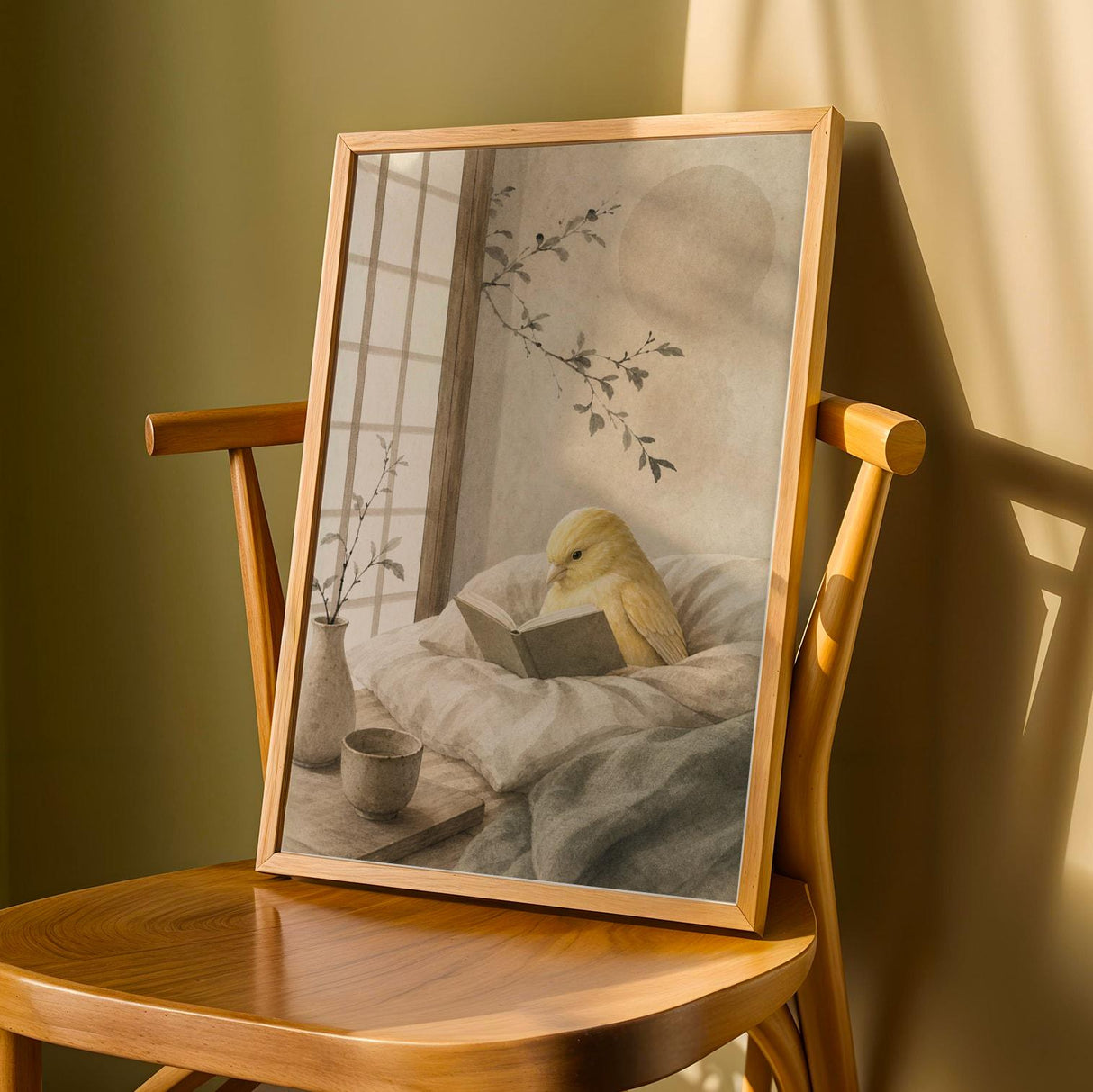 Fife Fancy Canary Reading in Bed Poster | Japanese Zen Ink Wash Bird Wall Art | Warm Ivory Fog Gray Decor | Minimalist Bedroom Print