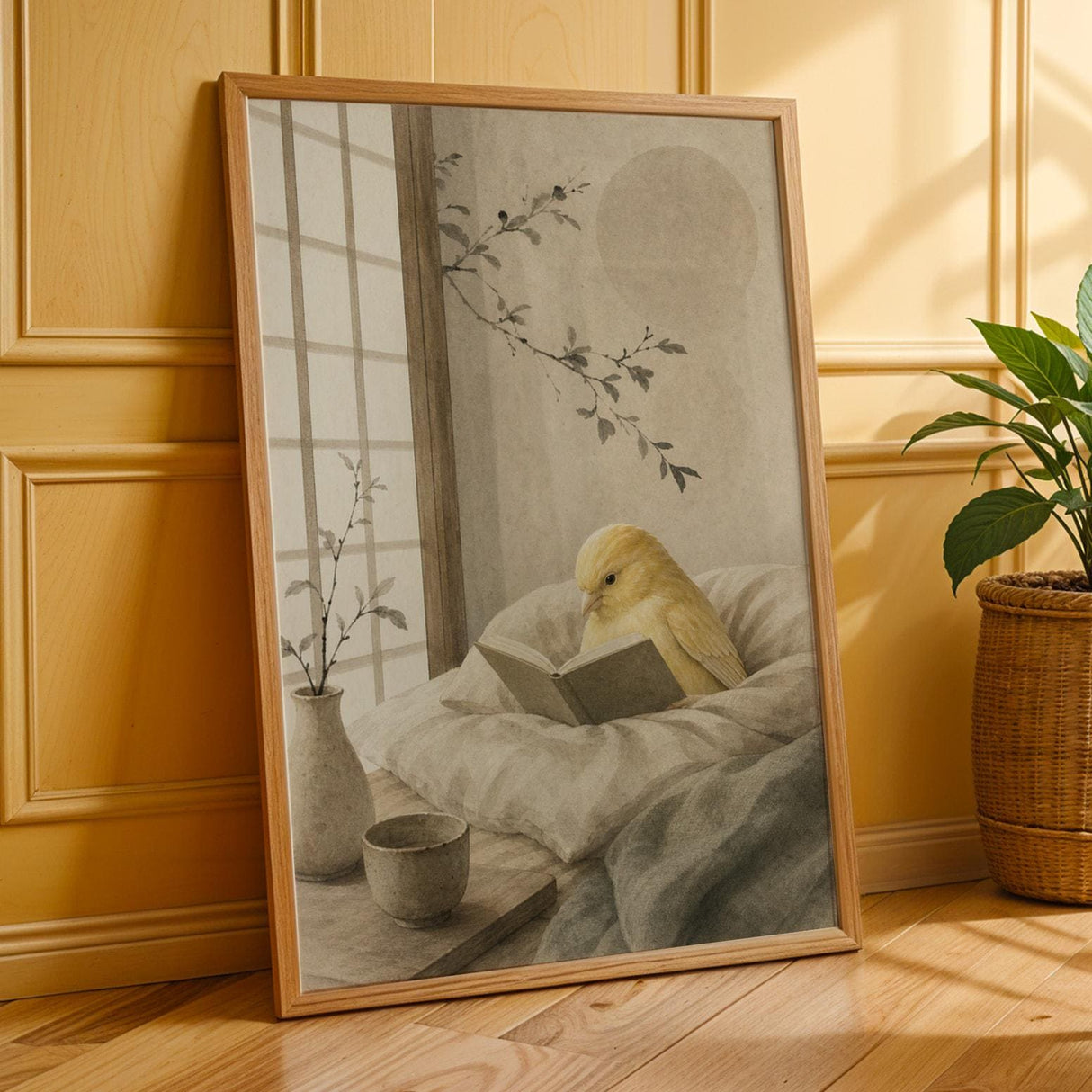 Fife Fancy Canary Reading in Bed Poster | Japanese Zen Ink Wash Bird Wall Art | Warm Ivory Fog Gray Decor | Minimalist Bedroom Print