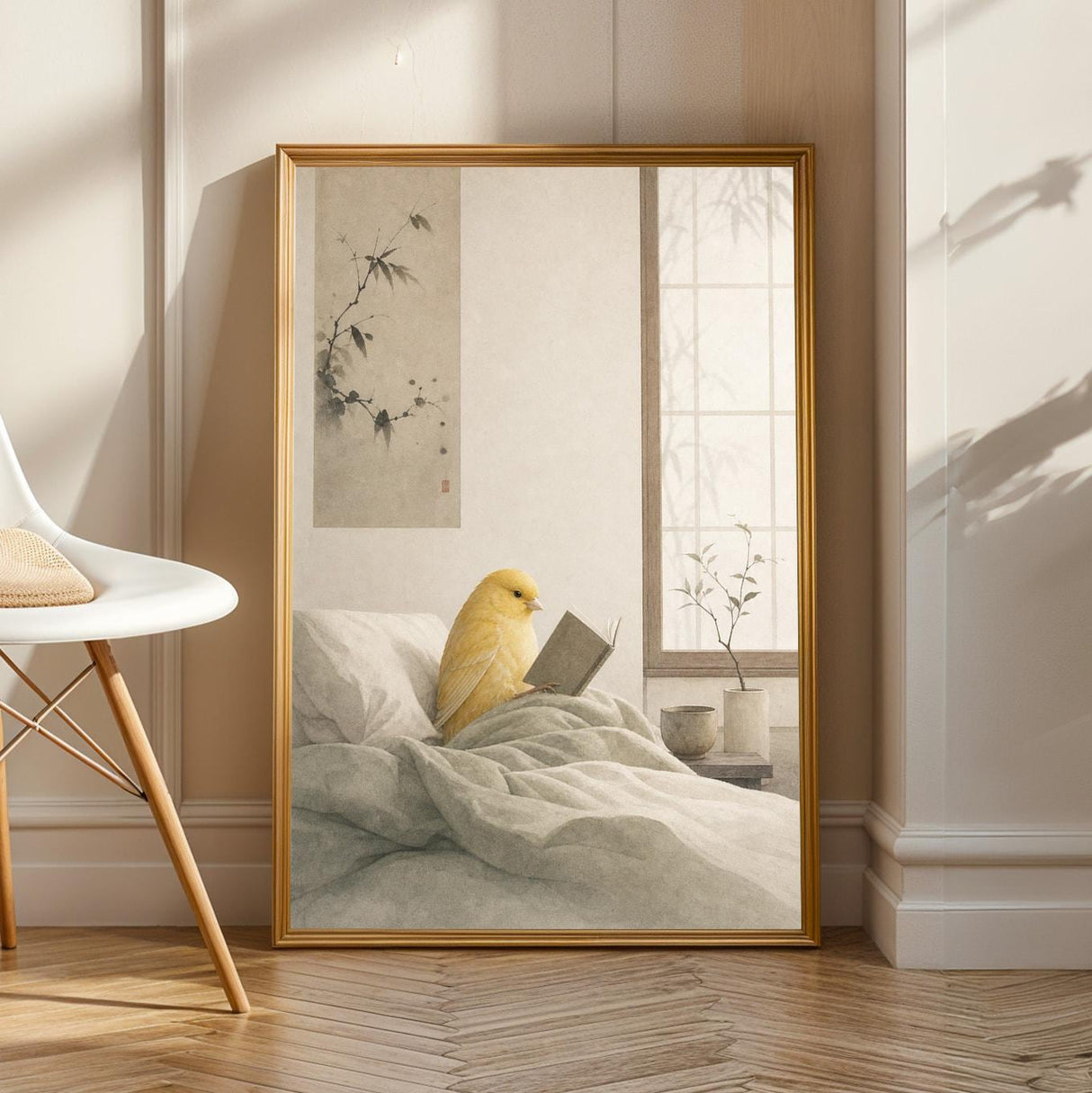 American Singer Canary Reading in Bed Poster | Japanese Zen Sumi-e Bird Wall Art | Warm Ivory Fog Gray Decor | Minimalist Bedroom Print