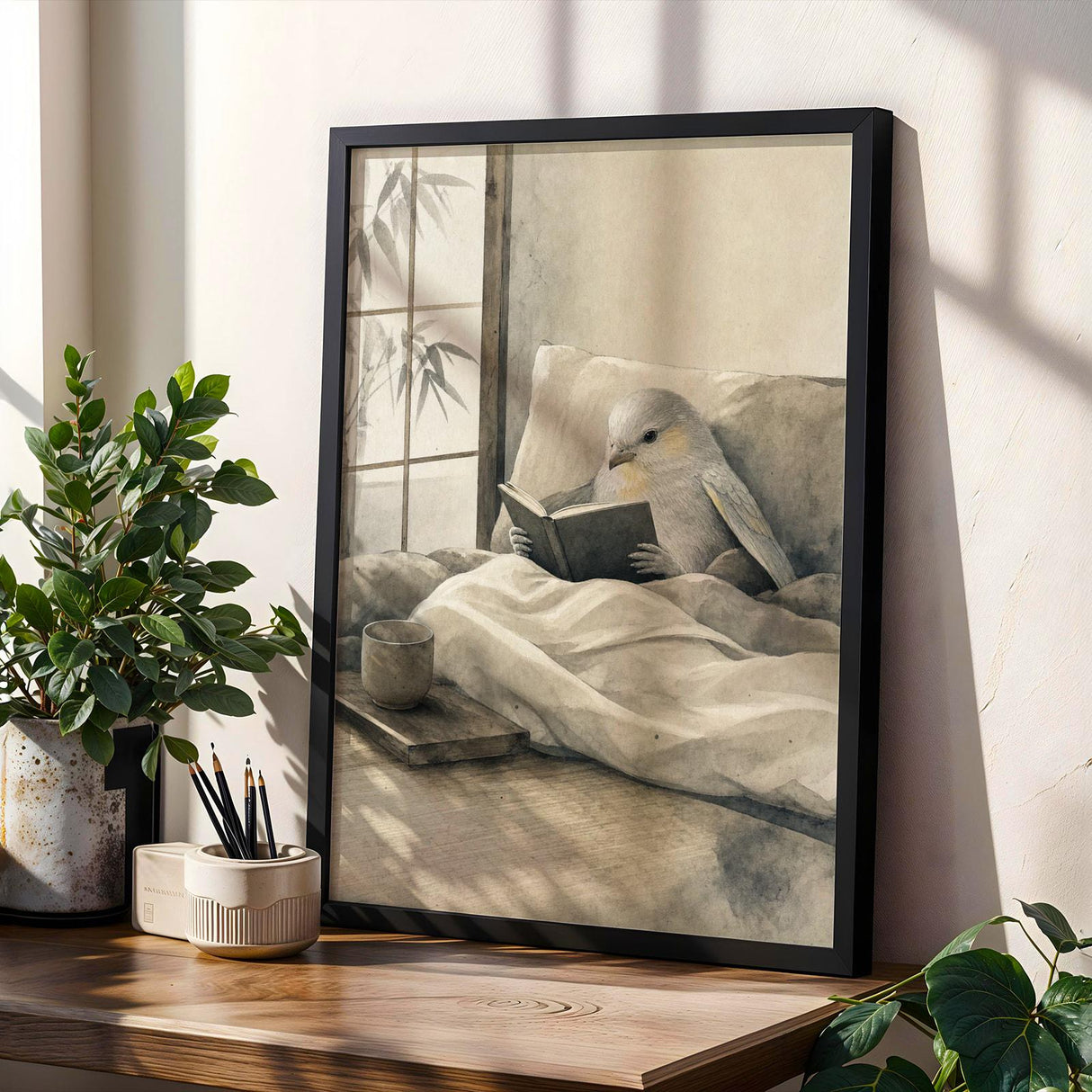 Silver Lizard Canary Reading in Bed Poster | Japanese Zen Sumi-e Bird Wall Art | Warm Ivory Fog Gray Decor | Minimalist Bedroom Print