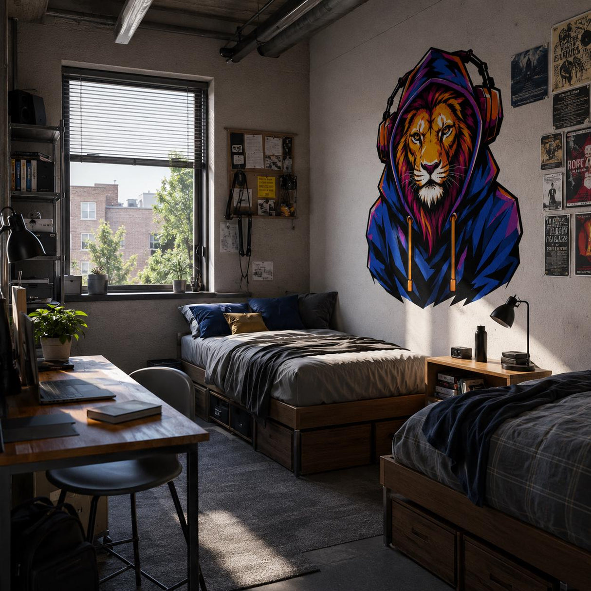 Lion in Hoodie Wall Vinyl Decal | Colorful Gamer Lion Sticker | Urban Streetwear Animal Wall Art | Teen Bedroom Gaming Room Decor