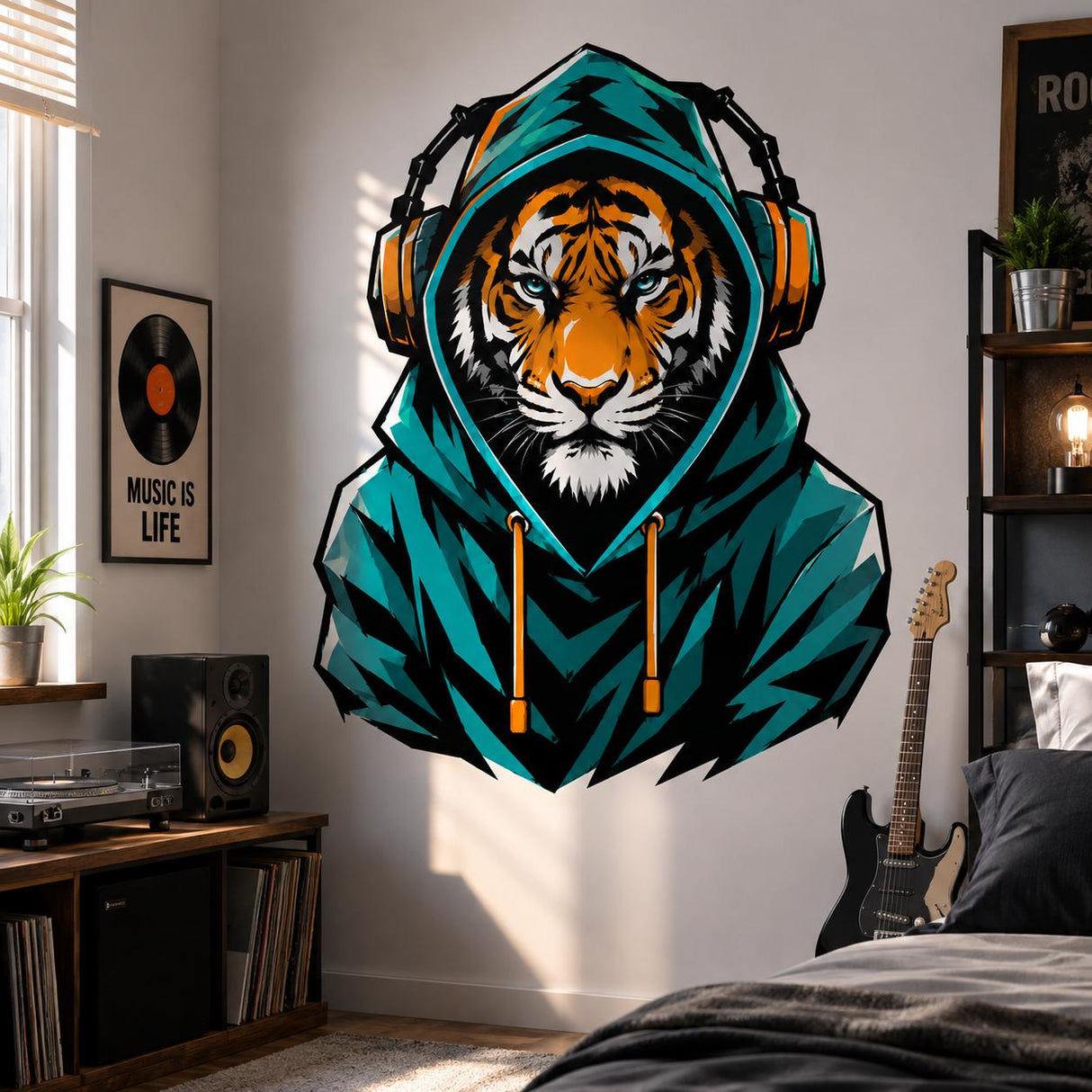 Tiger in Hoodie Wall Vinyl Decal | Gamer Tiger Headphones Sticker | Urban Animal Wall Art | Teen Bedroom Gaming Room Decor