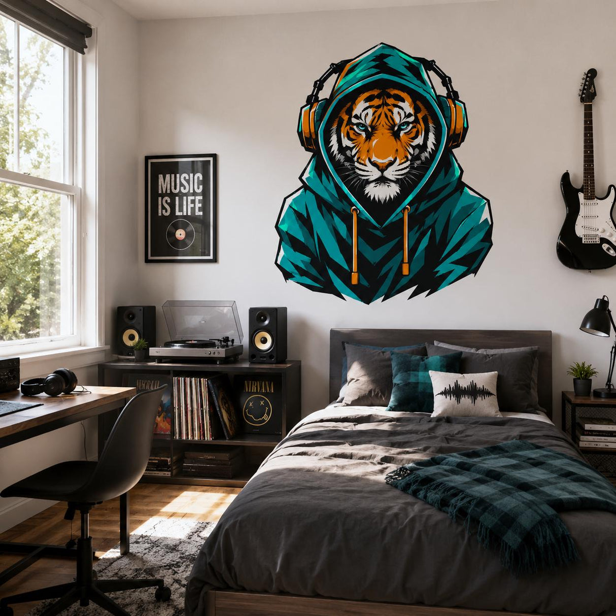 Tiger in Hoodie Wall Vinyl Decal | Gamer Tiger Headphones Sticker | Urban Animal Wall Art | Teen Bedroom Gaming Room Decor