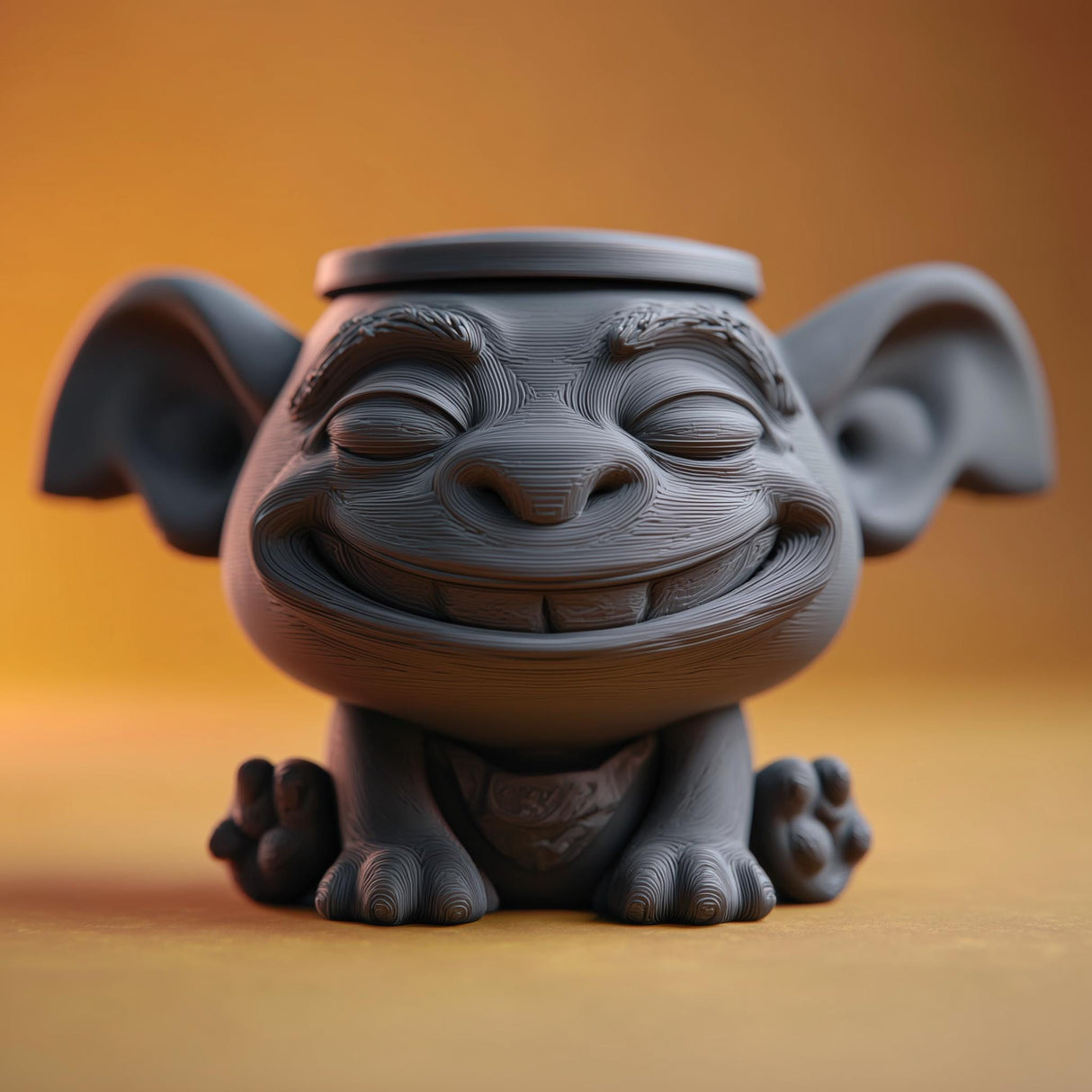 3D printed goblincore memorial urn shaped like a smiling fantasy creature with large ears and removable lid displayed on a warm background.