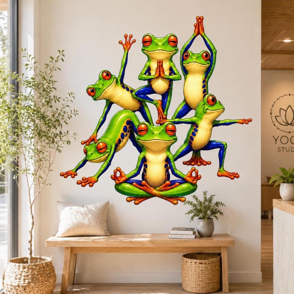 Wall vinyl decal of a group of colorful tree frogs doing yoga and meditation poses, including lotus, prayer hands, and stretching positions, in a playful cartoon style.