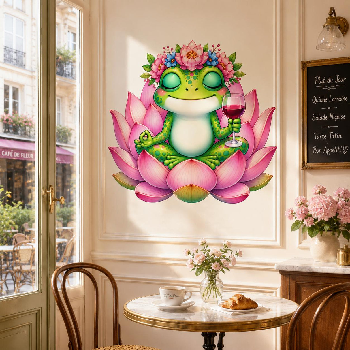 Weird green frog wall vinyl decal sitting in meditation on a large pink lotus flower, wearing a floral crown and holding a glass of wine.