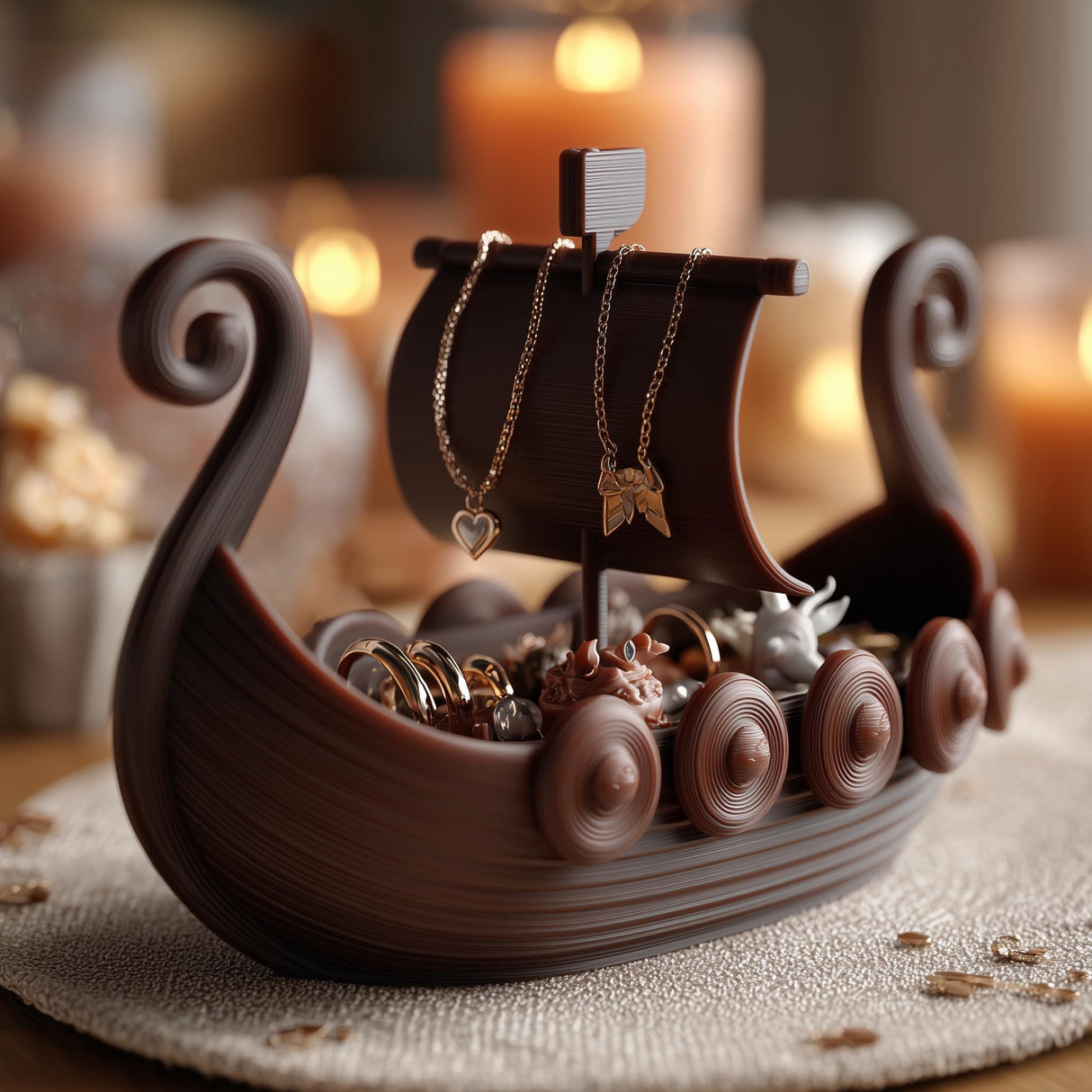 Viking ship-shaped jewelry organizer with a curved boat tray, mast, sail, and hanging necklaces, holding rings and small jewelry on a tabletop in warm indoor light.