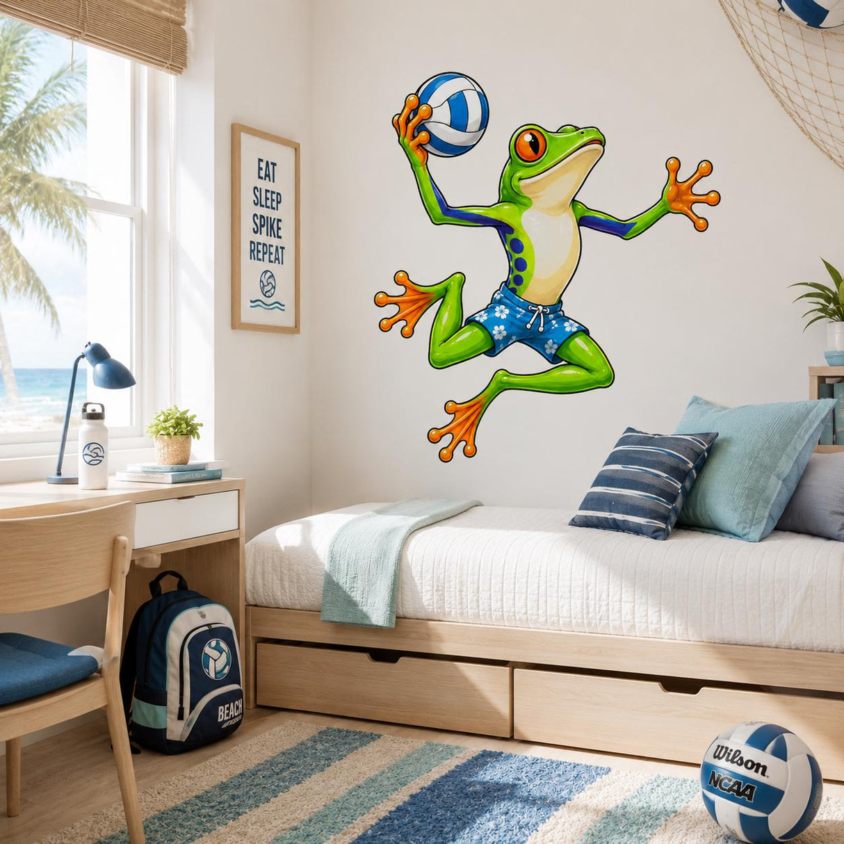 Weird Volleyball Frog Wall Vinyl Decal | Funny Beach Frog Sticker | Sports Animal Wall Art | Kids Room Playroom Gym Decor | Frog Lovers Gift