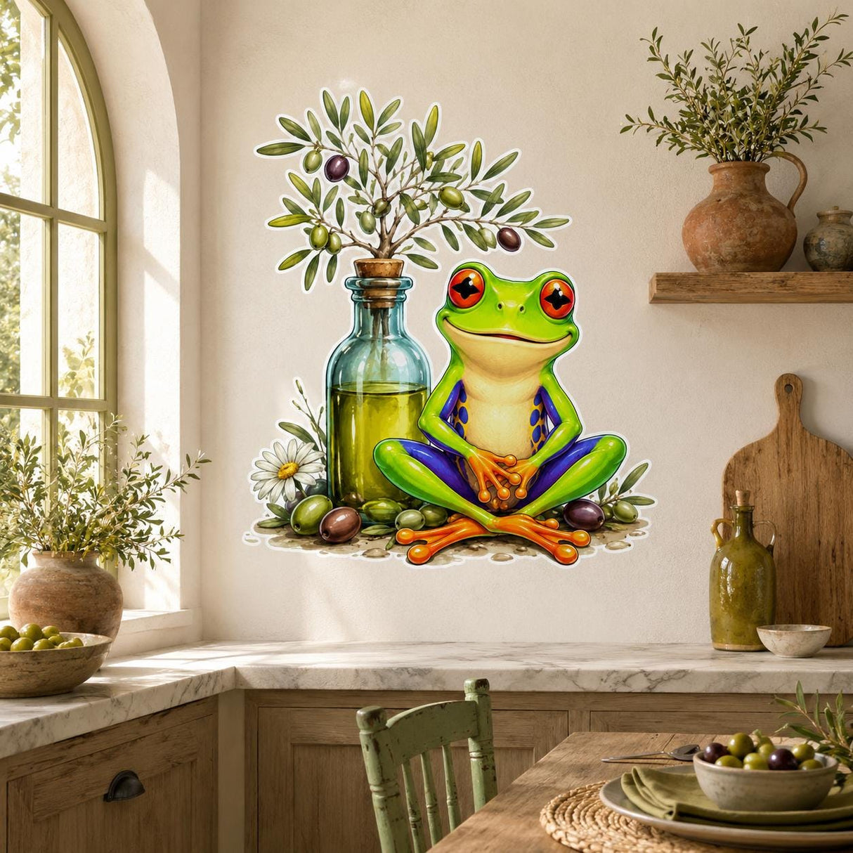 Weird Frog Wall Vinyl Decal | Olive Oil Meditation Frog Sticker | Funny Kitchen Wall Art | Quirky Yoga Decor | Mediterranean Cozy Home Decor