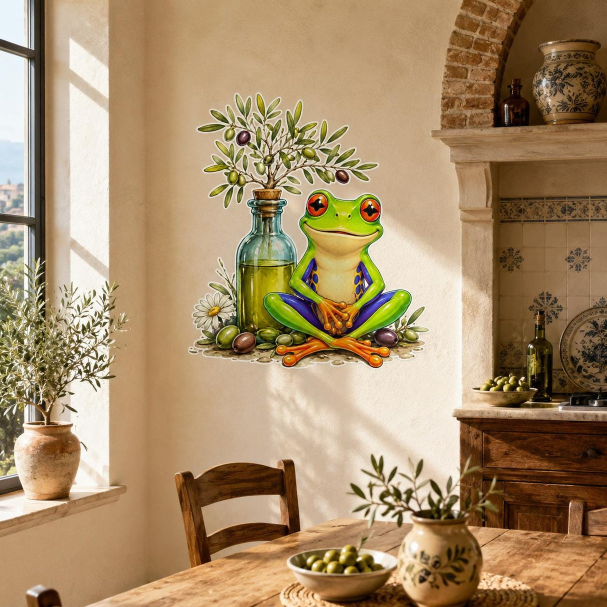 Weird Frog Wall Vinyl Decal | Olive Oil Meditation Frog Sticker | Funny Kitchen Wall Art | Quirky Yoga Decor | Mediterranean Cozy Home Decor
