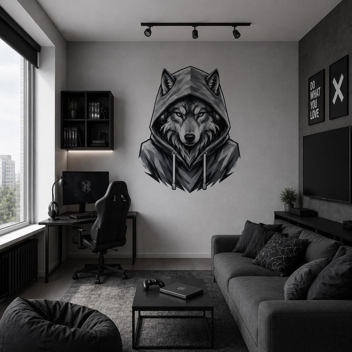 Wolf in Hoodie Wall Vinyl Decal | Black and White Urban Animal Sticker | Teen Bedroom Wall Art | Gamer Room Streetwear Decor | Modern Accent