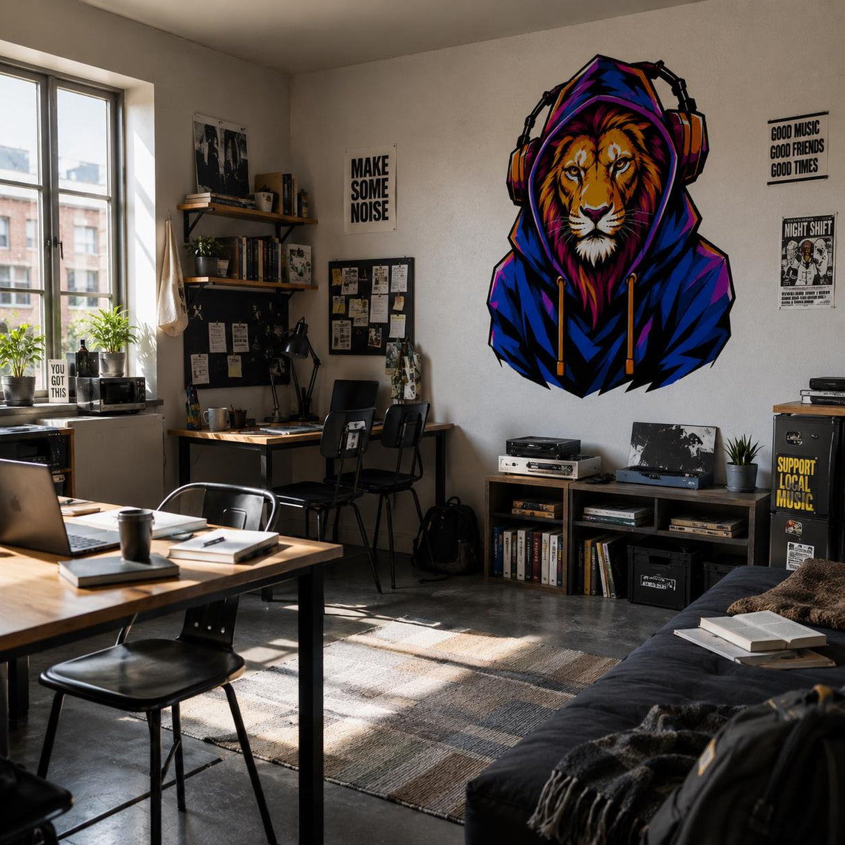 Lion in Hoodie Wall Vinyl Decal | Colorful Gamer Lion Sticker | Urban Streetwear Animal Wall Art | Teen Bedroom Gaming Room Decor