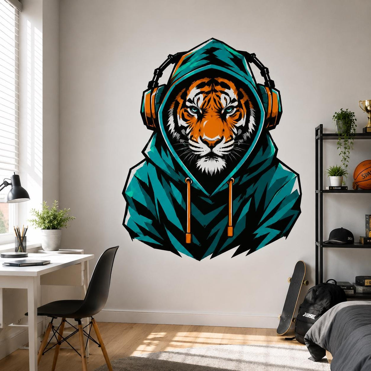 Tiger in Hoodie Wall Vinyl Decal | Gamer Tiger Headphones Sticker | Urban Animal Wall Art | Teen Bedroom Gaming Room Decor