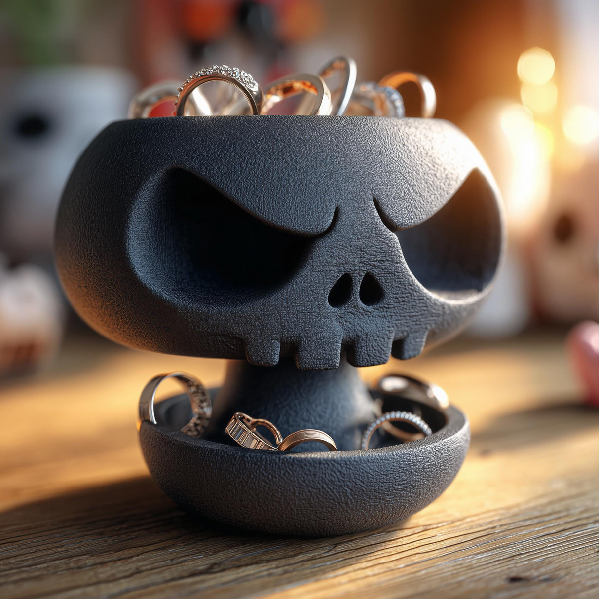 Dark skull-shaped jewelry organizer with a top bowl and lower dish holding rings and earrings on a wooden surface in warm indoor light.