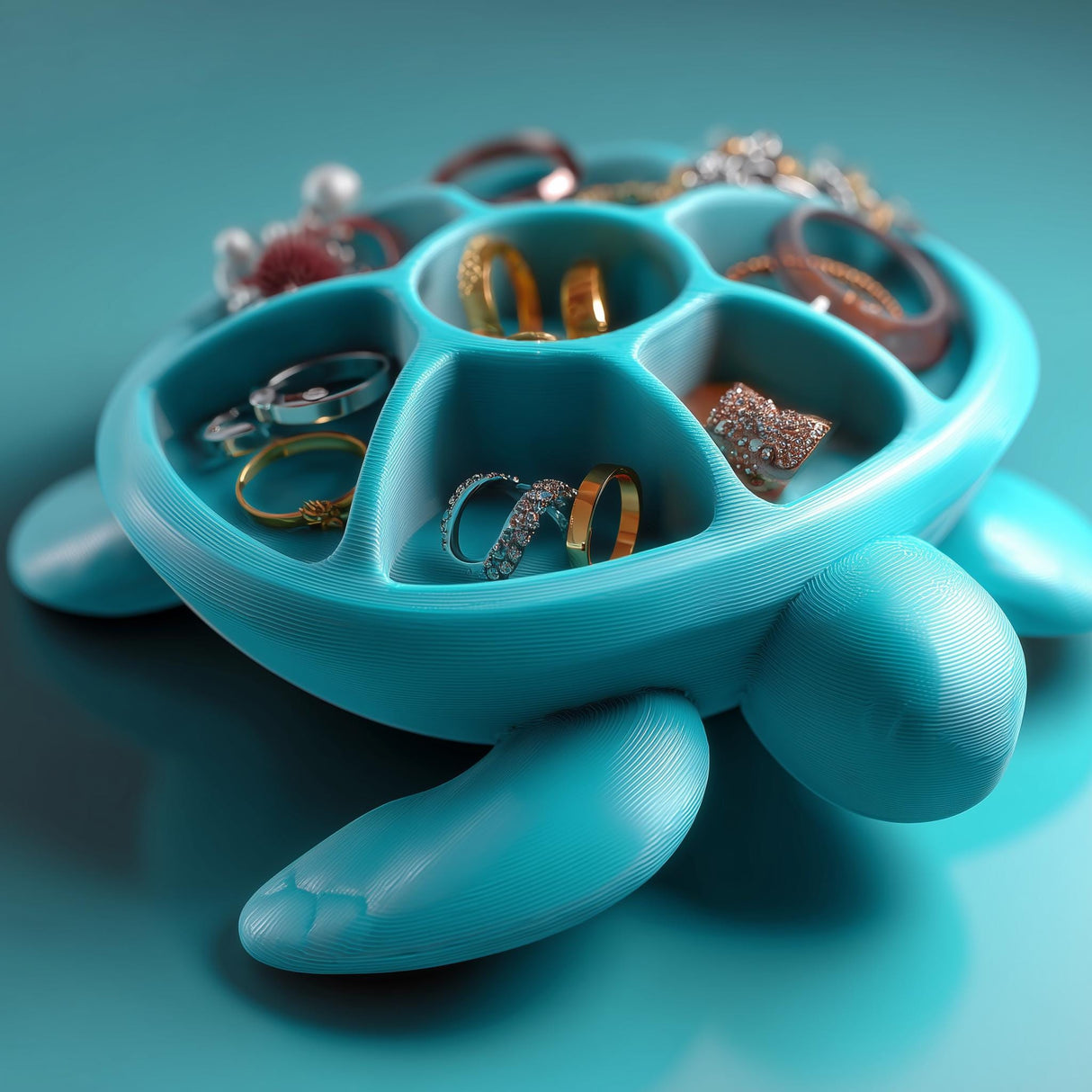 Sea turtle-shaped jewelry organizer with divided shell compartments holding rings and small jewelry on a smooth surface with an ocean-inspired background.
