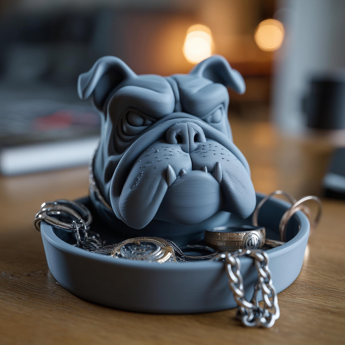 Bulldog-shaped jewelry organizer with a round tray base holding chains, rings, and watches on a wooden table in warm indoor light.